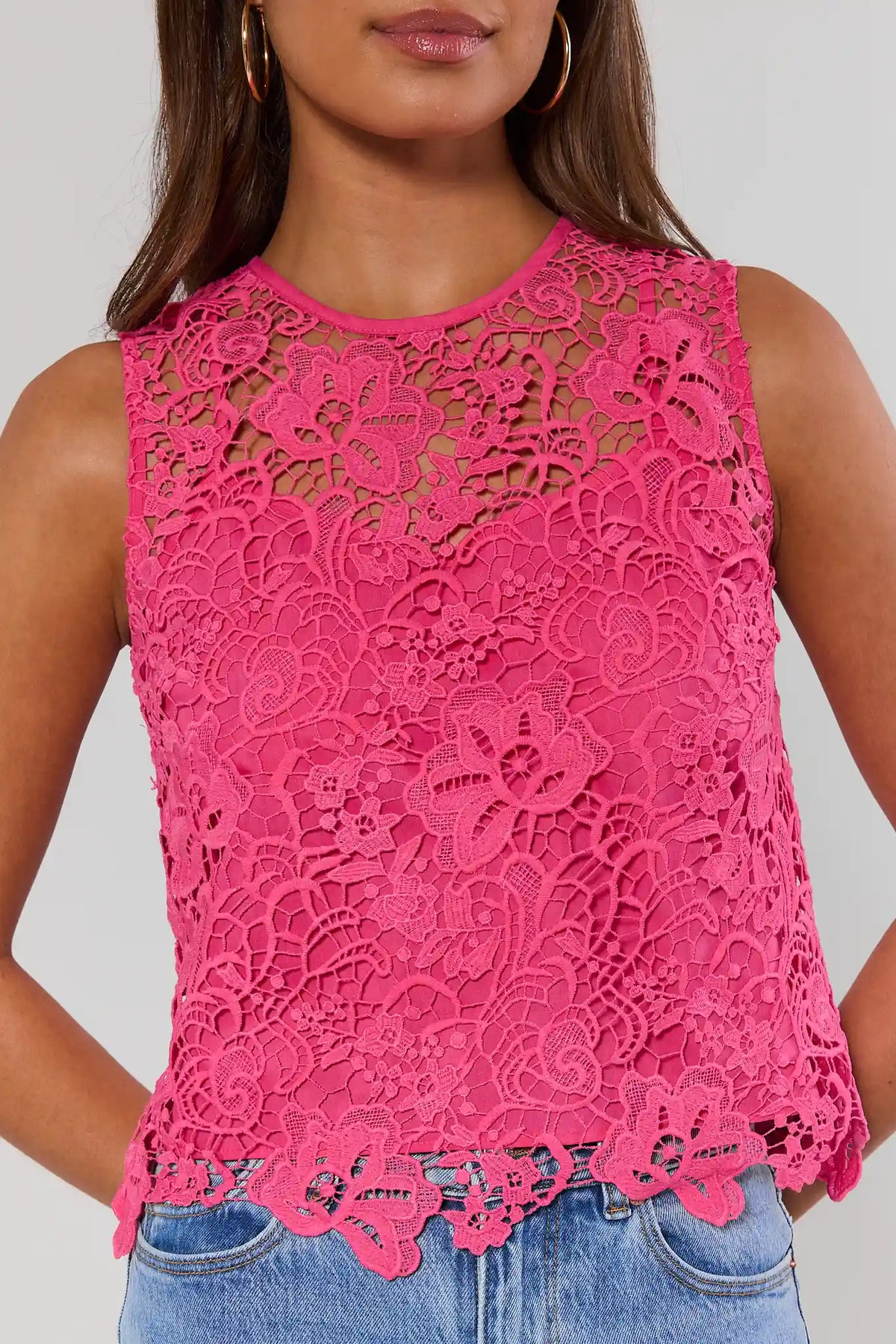 Pink Floral Overlay Tank Top - Close-Up Lace Crochet Detail, Scalloped Hem | Avara