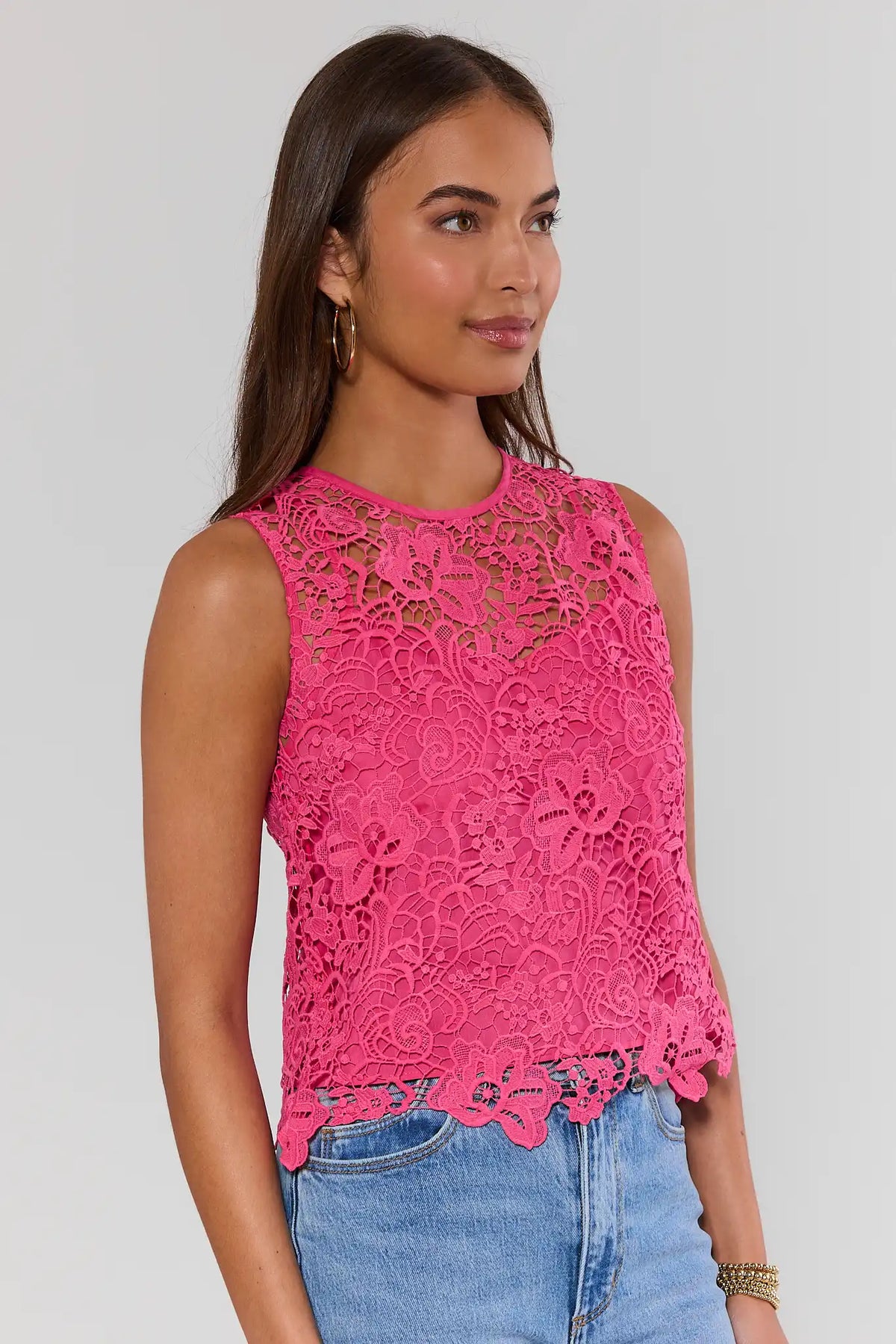 Pink Floral Overlay Tank Top - Side Angle View, Floral Lace Overlay with Jeans | Avara