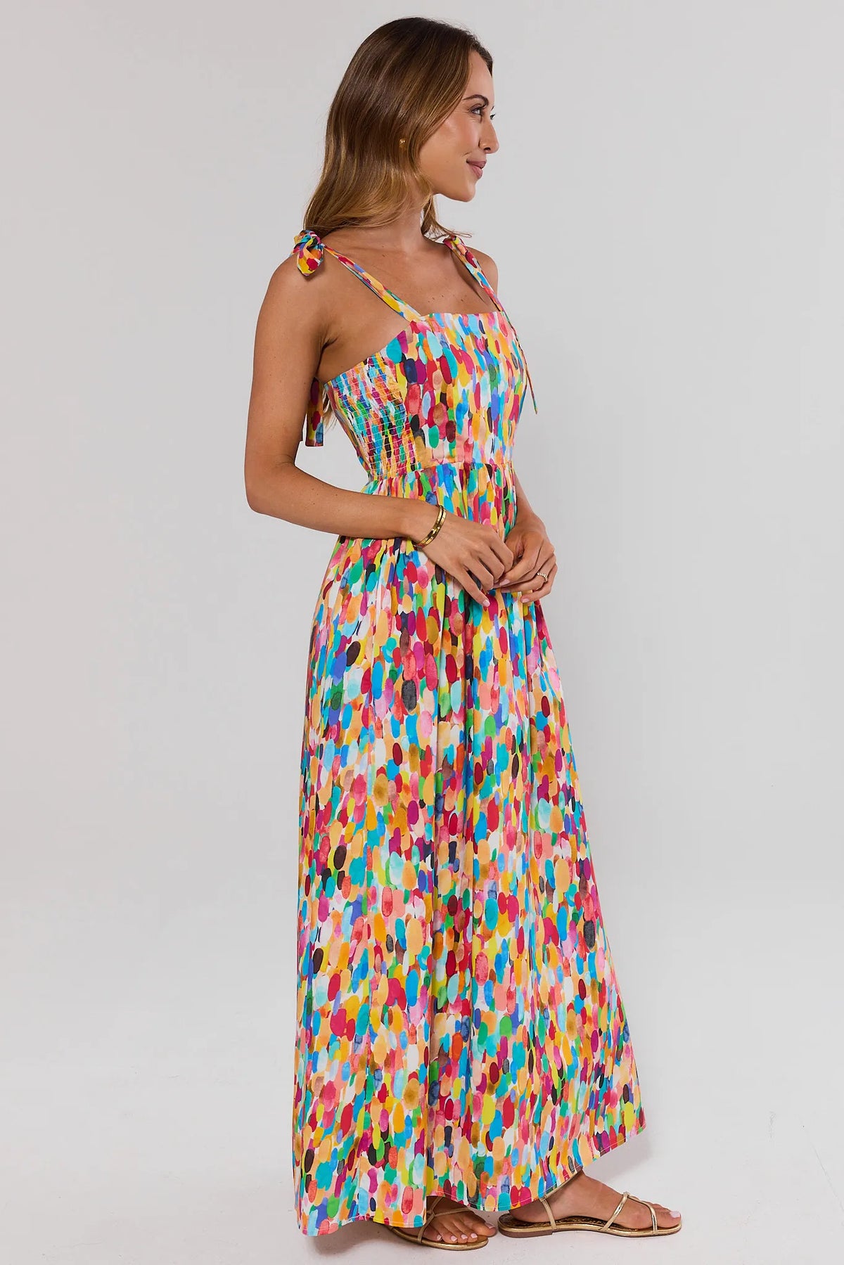 Multi Colorful Abstract Print Smocked Midi Dress - Side View, Flowy Skirt | Avara