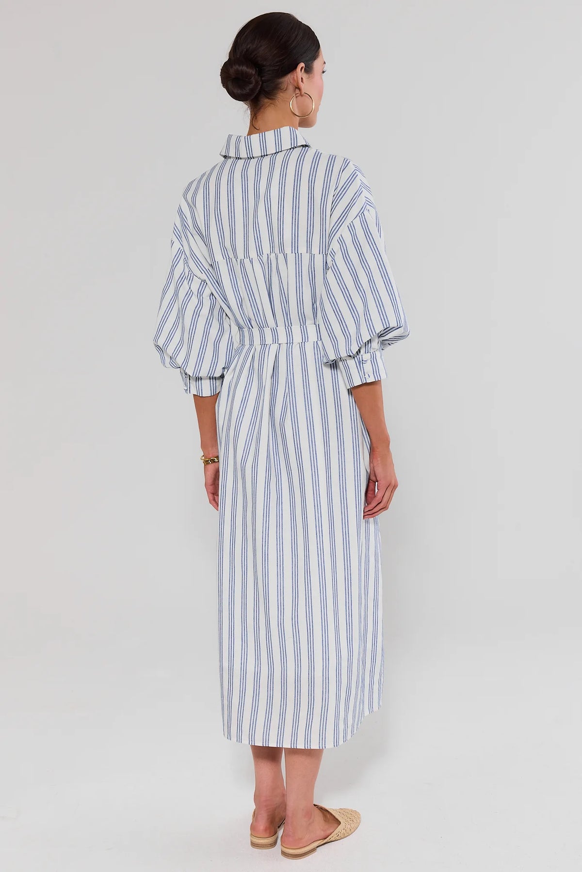 Summerlyn White Striped Midi Dress with puff sleeves and midi length - Back View | Avara