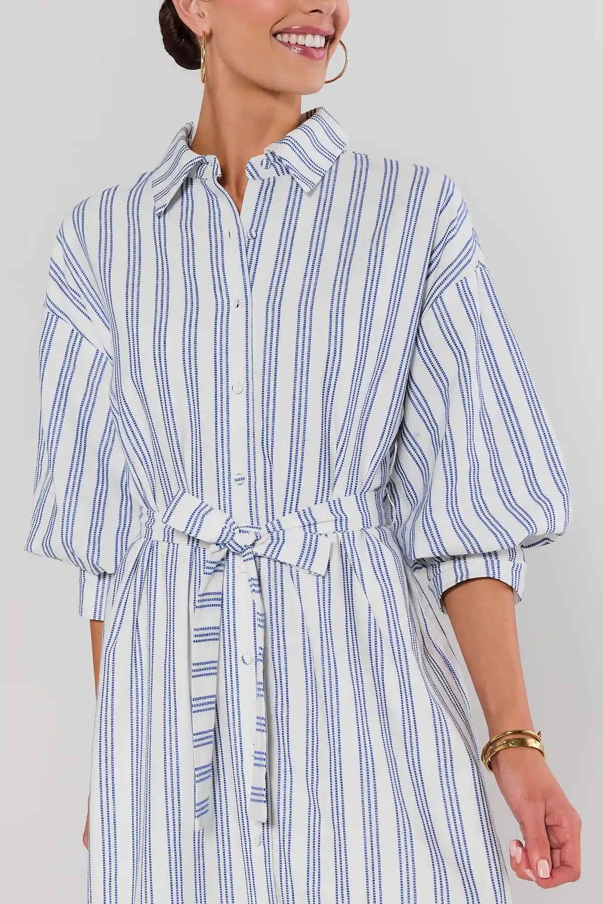 Summerlyn Blue & White Striped Midi Dress collar and tie-belt close-up detail | Avara