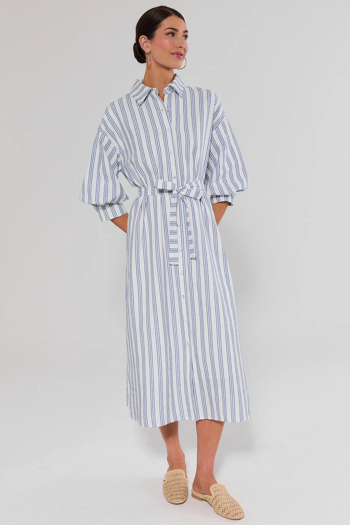 Summerlyn White Striped Midi Dress with belted waist and puff sleeves - Front View | Avara