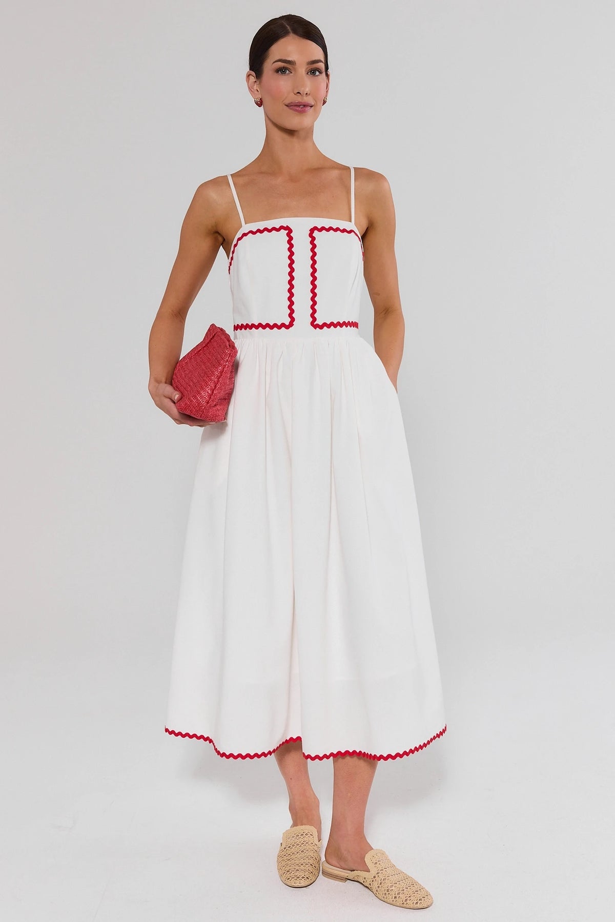 White Contrast Trim Midi Dress styled with woven mules and pink clutch - Full Length | Avara