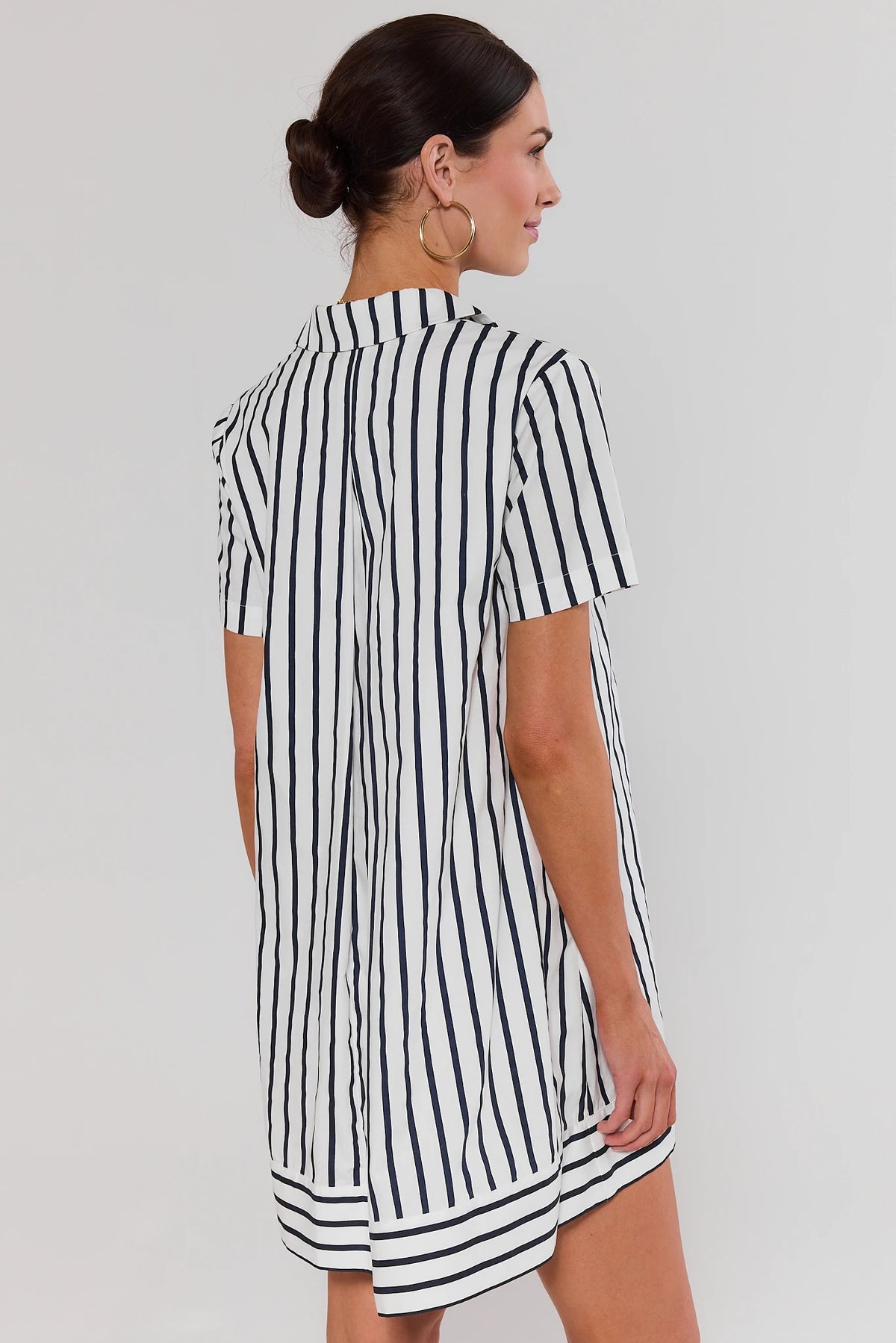 White Navy Stripe Collared Short Dress - Back View, Relaxed Silhouette | Avara