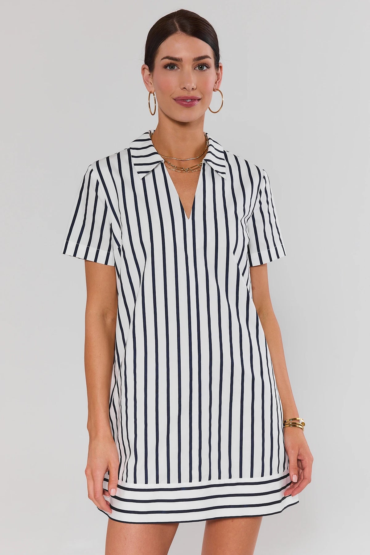 White Navy Stripe Collared Short Dress - Front View, On Model | Avara