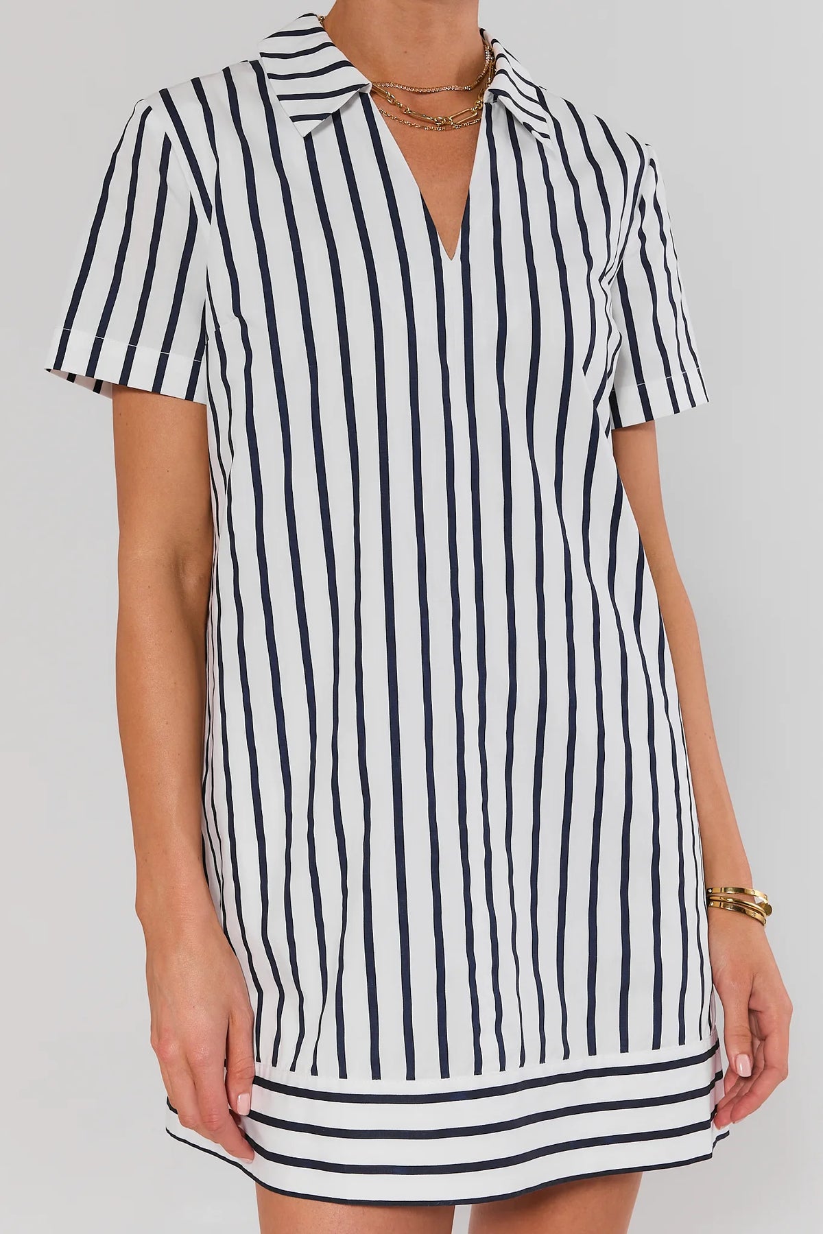 White Navy Stripe Collared Short Dress - Close-Up Collar & Hem Detail | Avara