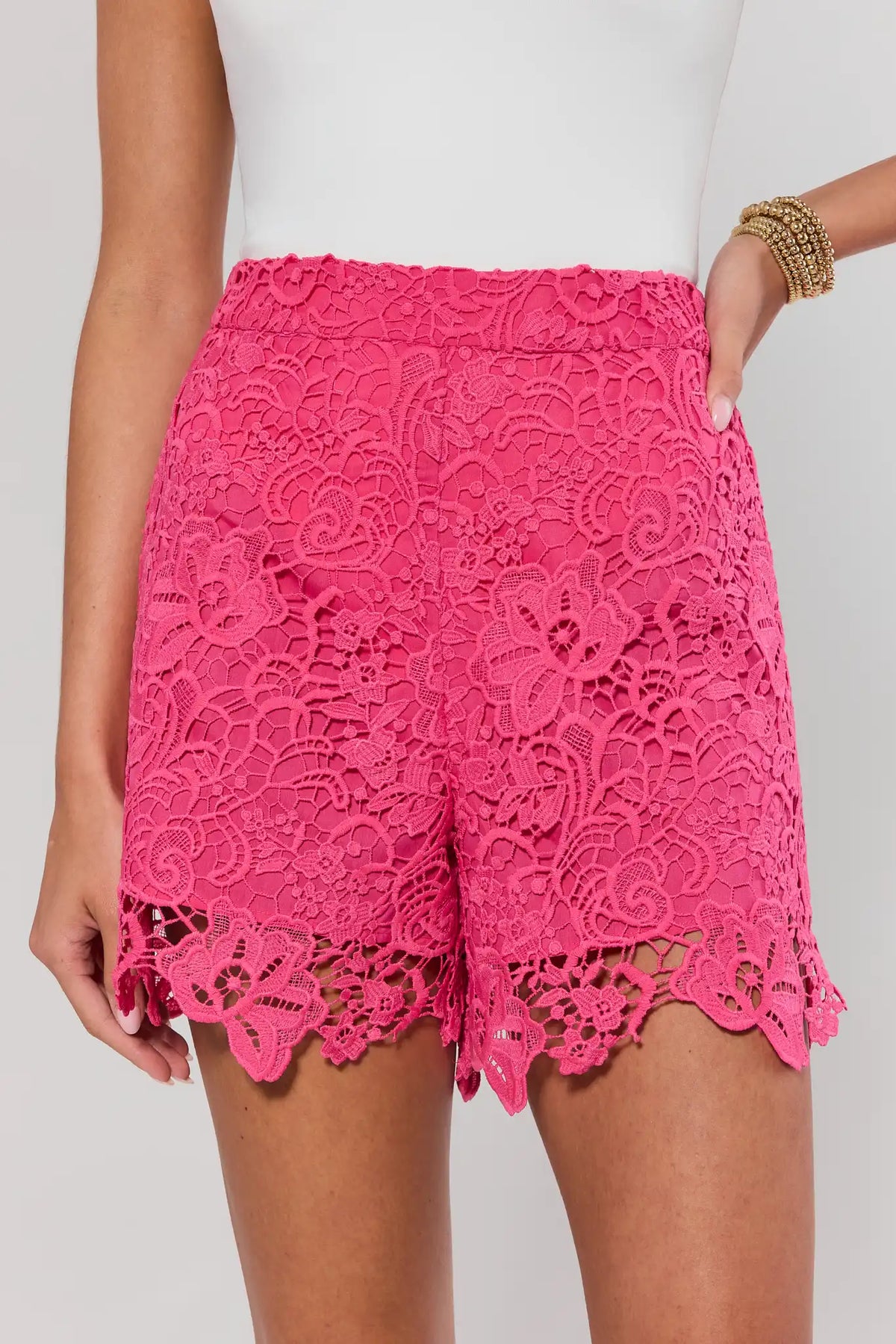 Pink Floral Lace Overlay Shorts with scalloped hem - Close-Up Front Detail | Avara