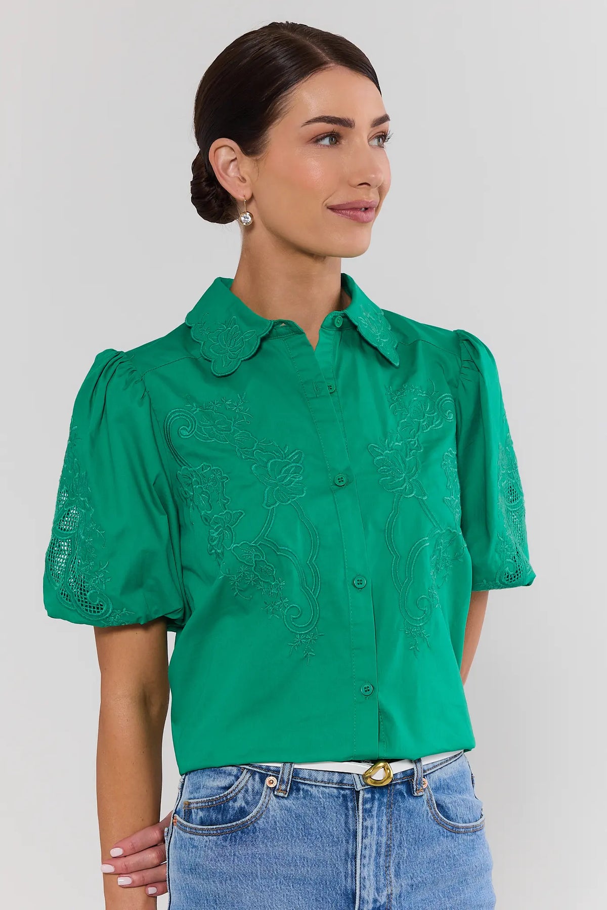 Women's green eyelet Amelia Top with puff sleeves and button front - Front View | Avara
