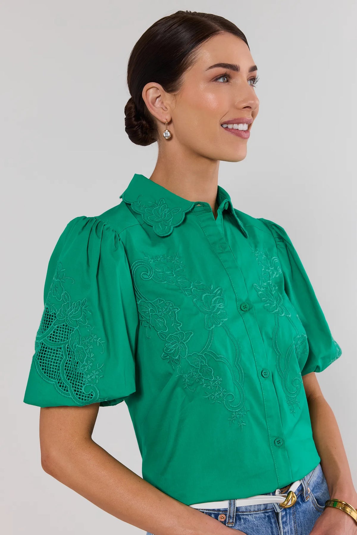 Green Amelia Eyelet Top - Back View showing scalloped collar and eyelet sleeve detail | Avara
