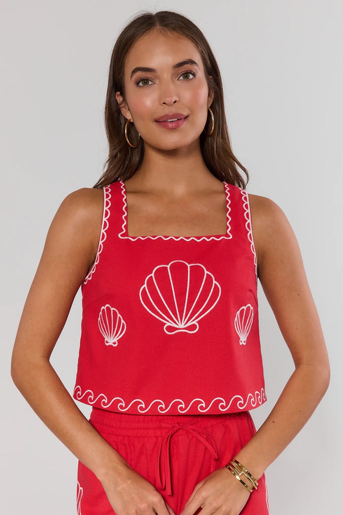 Red Seashell Embroidered Tank Top with square neckline and white wave trim - Front View | Avara