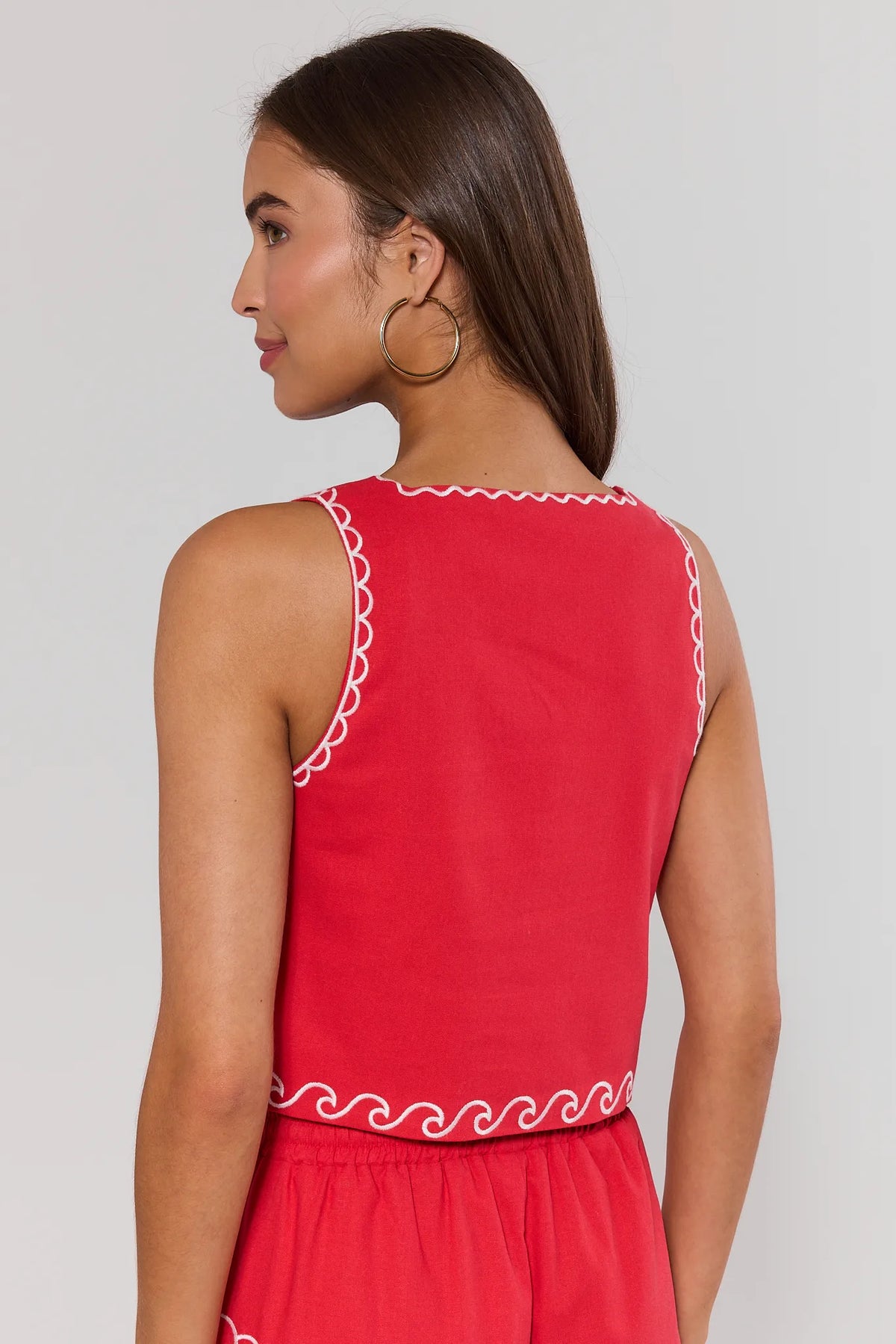 Red Seashell Embroidered Tank Top with white wave embroidery trim - Back View | Avara