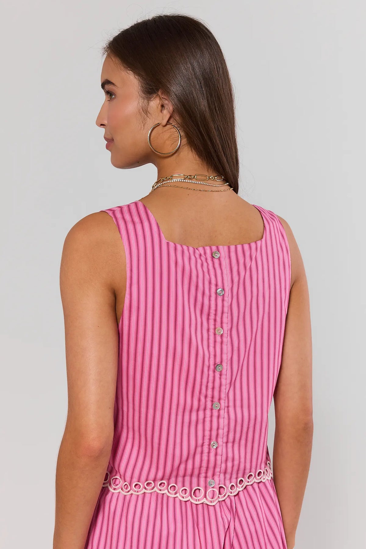Pink Striped Eyelet Tank Top button-back closure and scalloped eyelet hem - Back View | Avara