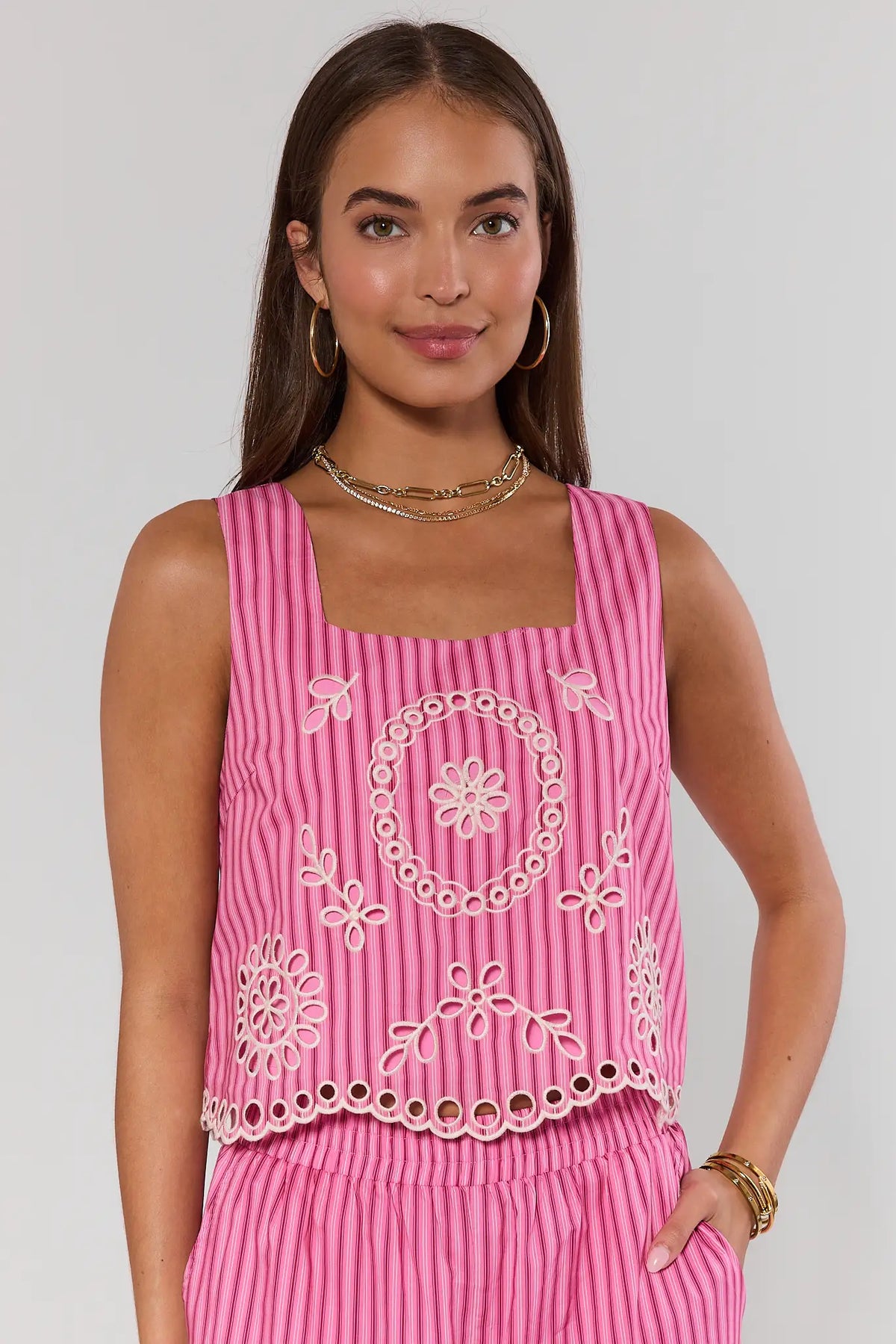 Pink Striped Eyelet Tank Top with floral cutwork detail, square neckline - Front View | Avara