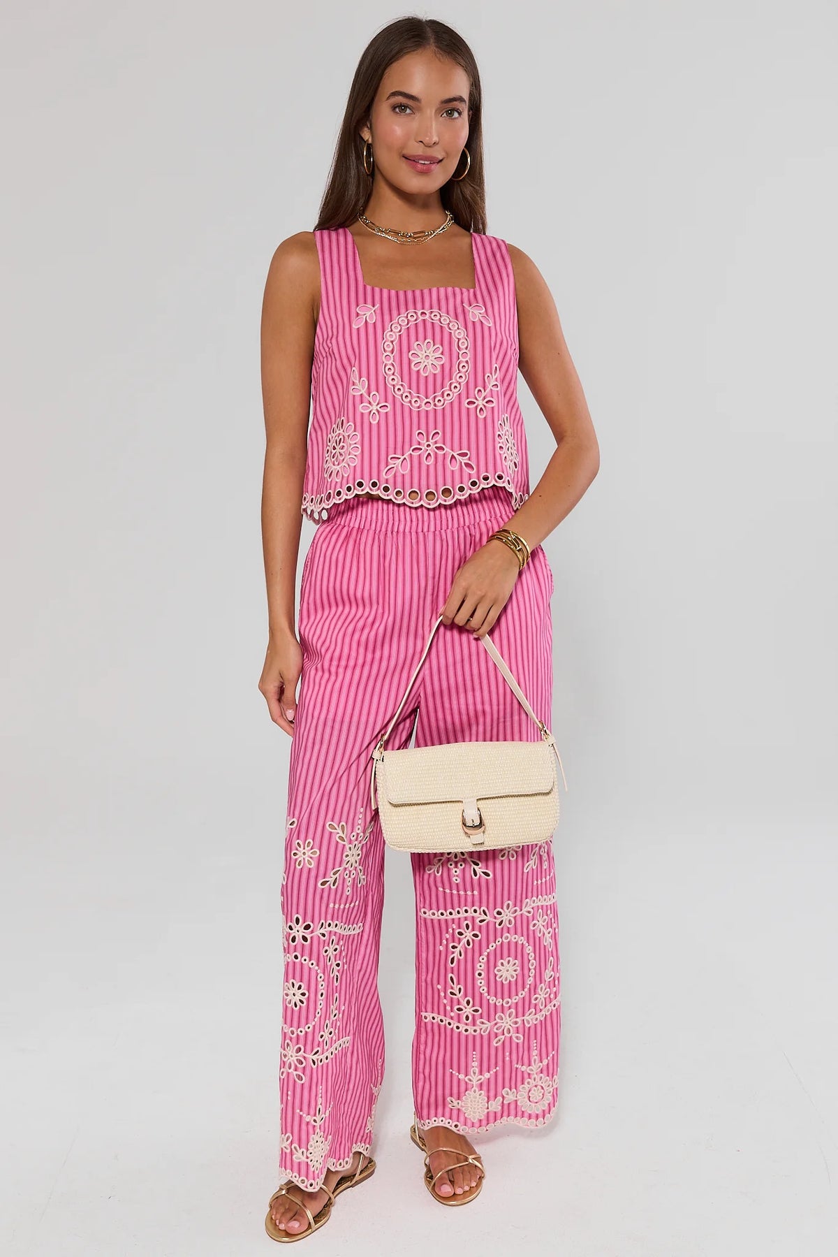 Pink eyelet tank top styled with matching striped wide-leg pants - Full Length Styled Look | Avara