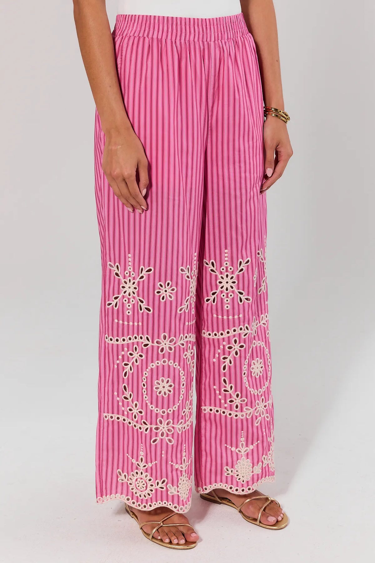 Pink Striped Eyelet Wide-Leg Pants with floral eyelet hem detail - Front View | Avara