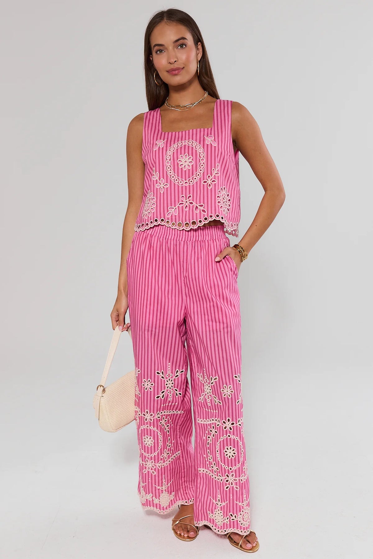 Pink Striped Eyelet Pants styled with matching tank top - Full On-Model Look | Avara