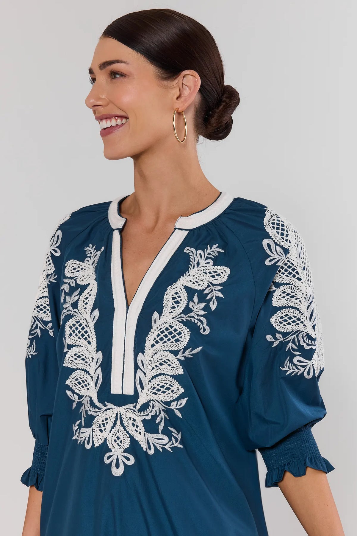 Vivian Navy Embroidered Midi Dress - Front Detail, white floral embroidery on teal blue | Avara