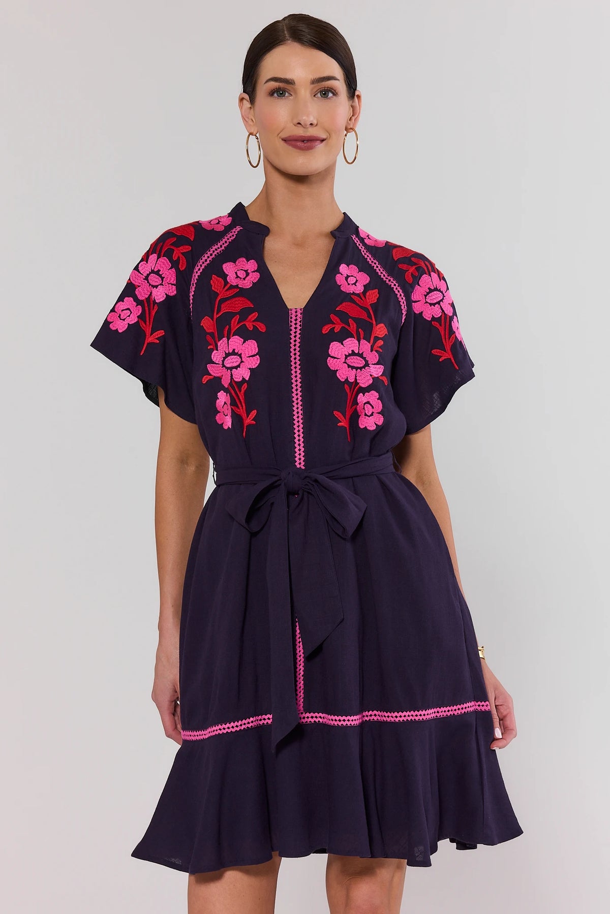 Ana Plum Floral Embroidered Short Dress - Front View On Model, Belted Waist | Avara