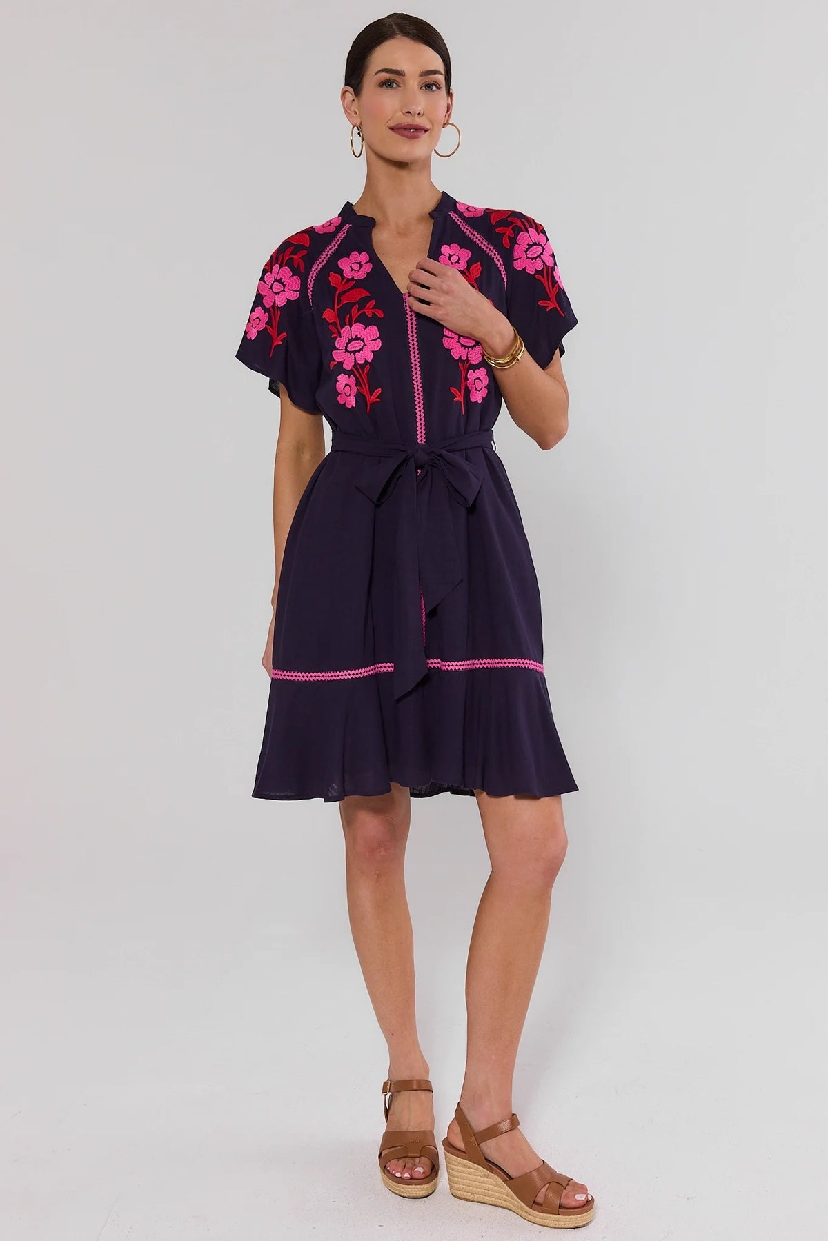 Ana Plum Floral Embroidered Short Dress - Full Front On Model, Styled with Brown Wedges | Avara