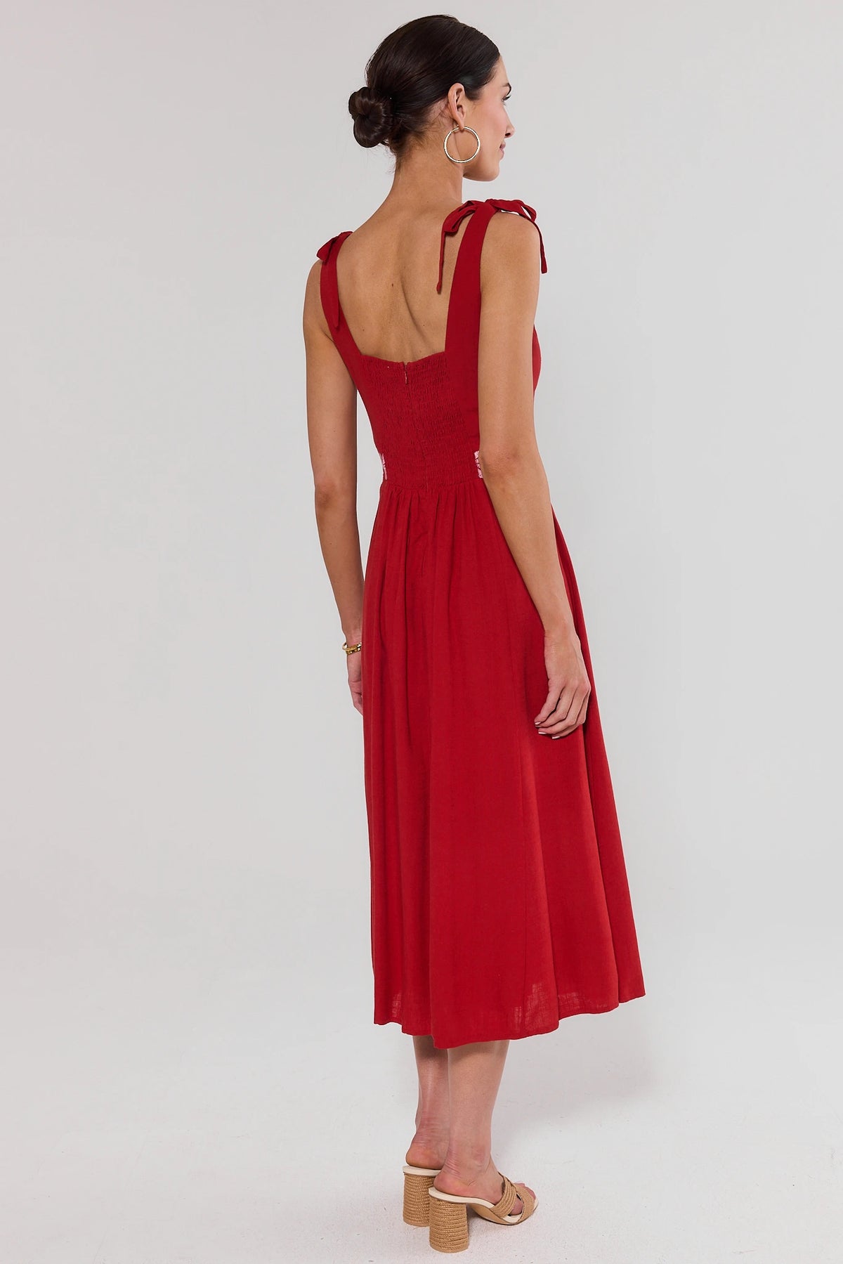 Nancy Red Embroidered Midi Dress - Back View Showing Smocked Back & A-Line Skirt | Avara
