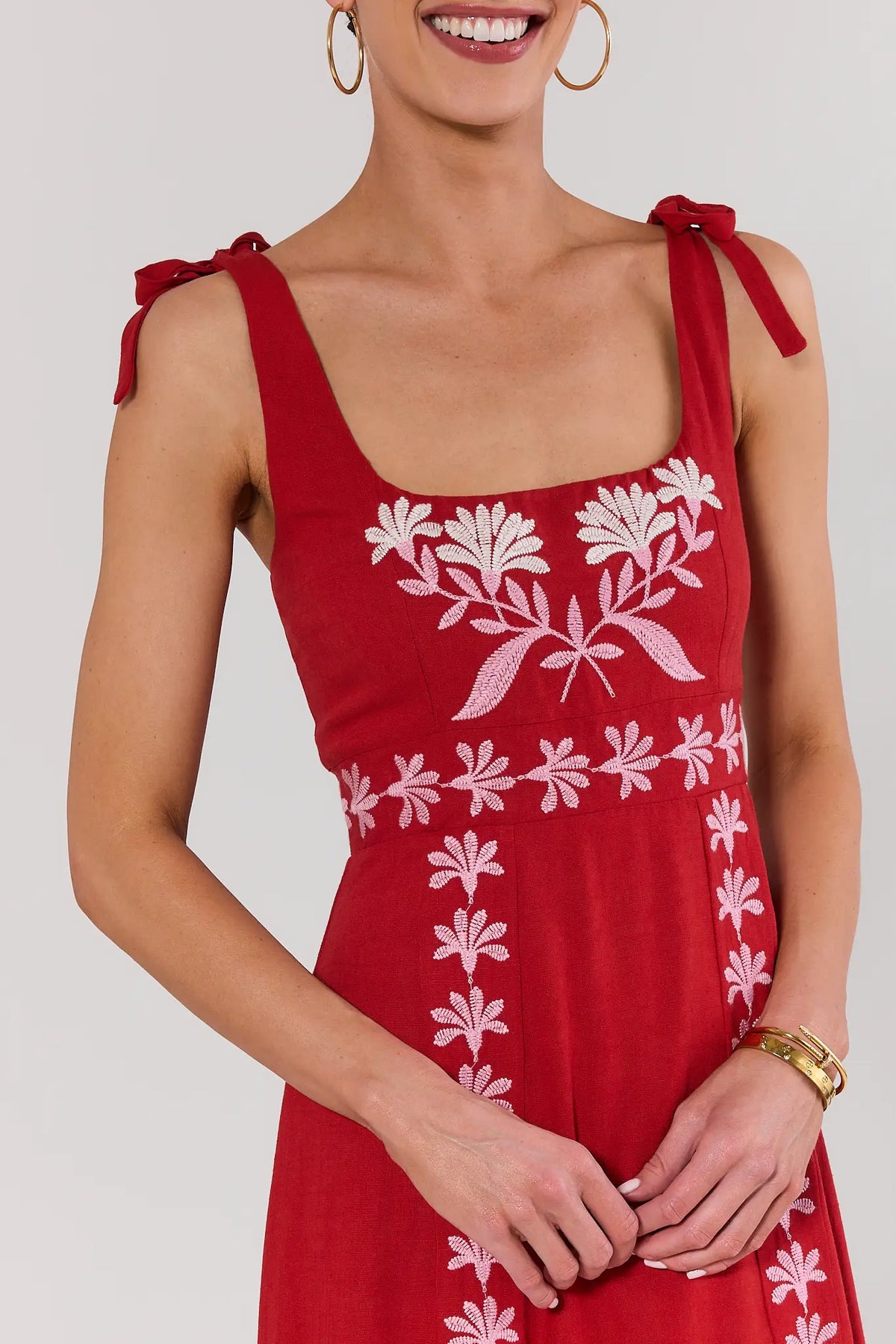 Nancy Red Embroidered Midi Dress - Bodice Close-Up, Tie Shoulder Straps & Floral Embroidery | Avara