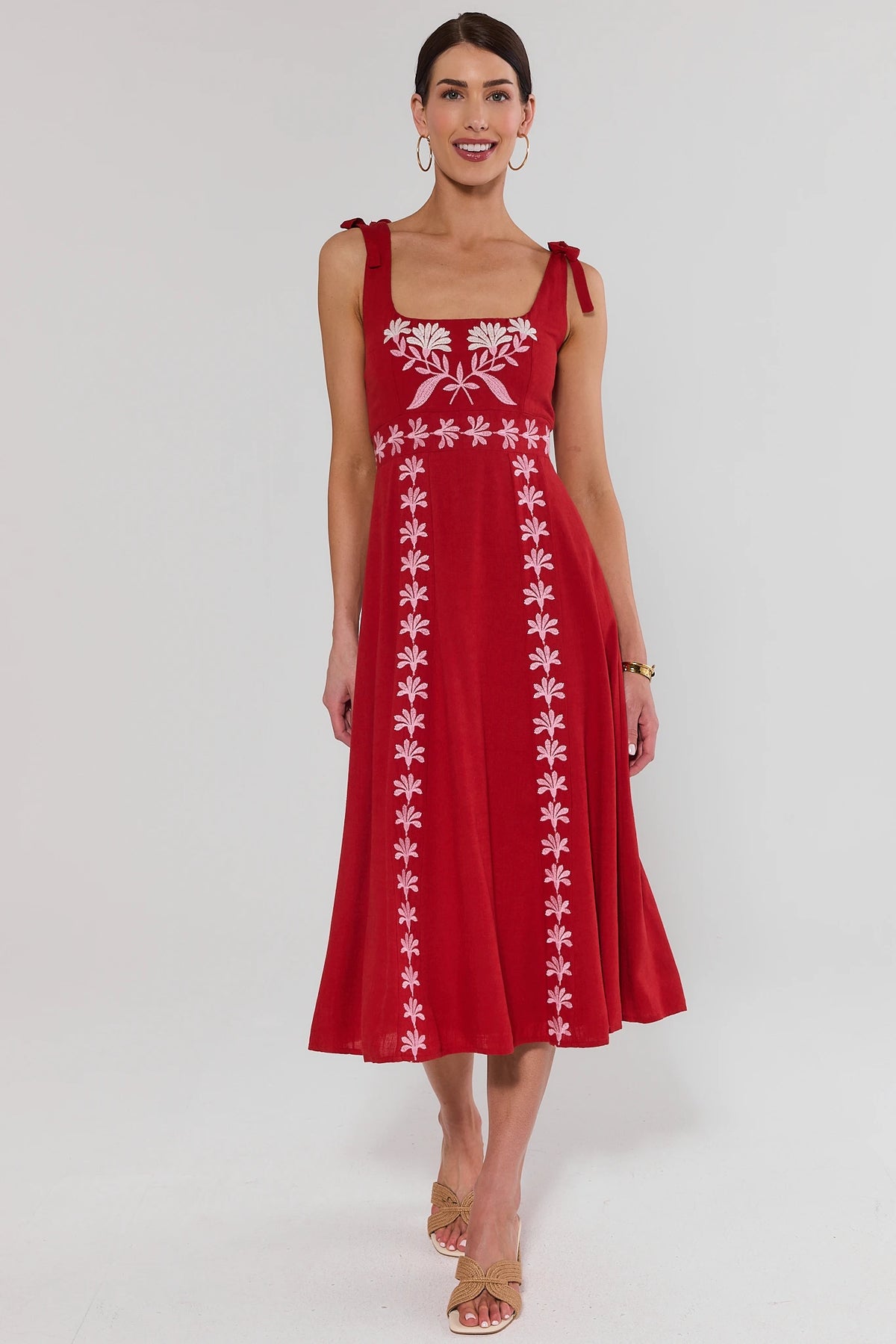 Nancy Red Embroidered Midi Dress - Full Front View On Model with Strappy Sandals | Avara