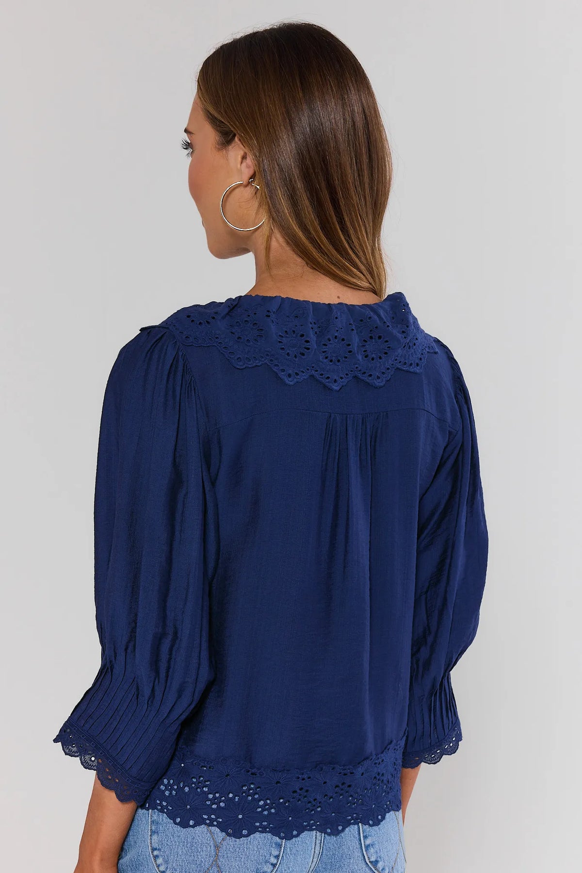 Navy Embroidered Button Up Top with eyelet collar and hem - Back View | Avara