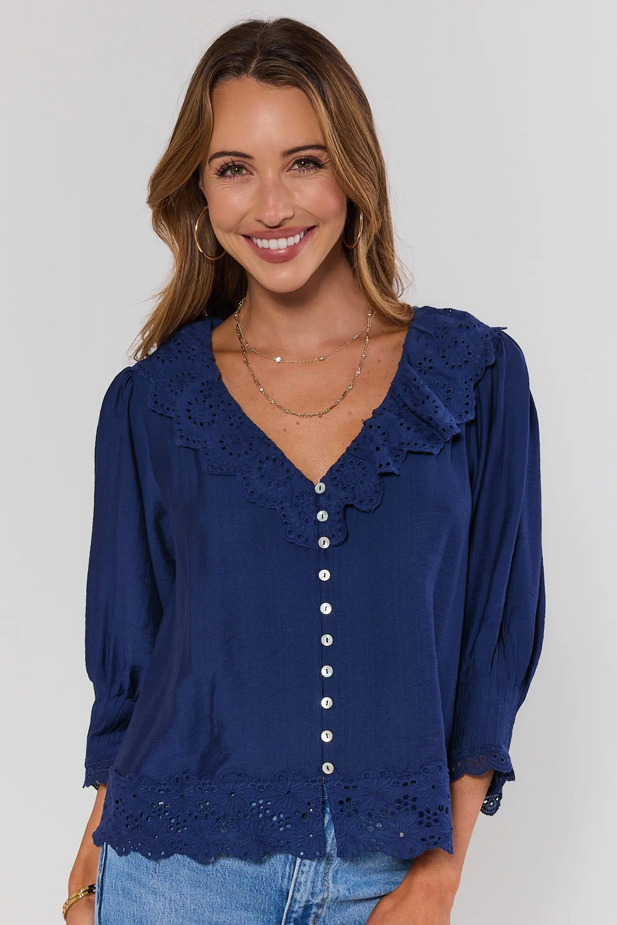 Navy Embroidered Button Up Top with eyelet ruffle collar - Front View | Avara