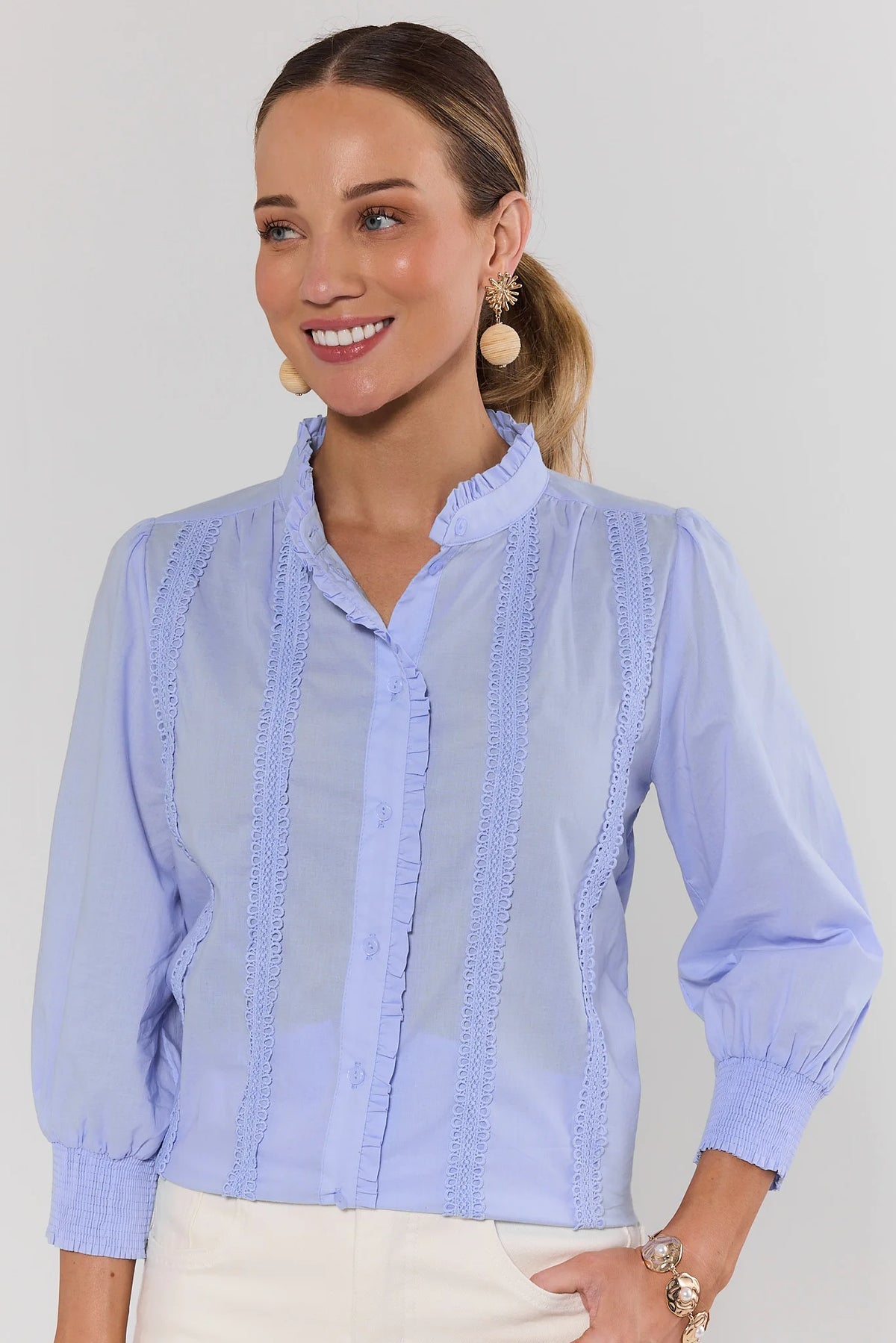 Archer Light Blue Button Up Top with lace inset details and ruffle collar - Front View | Avara