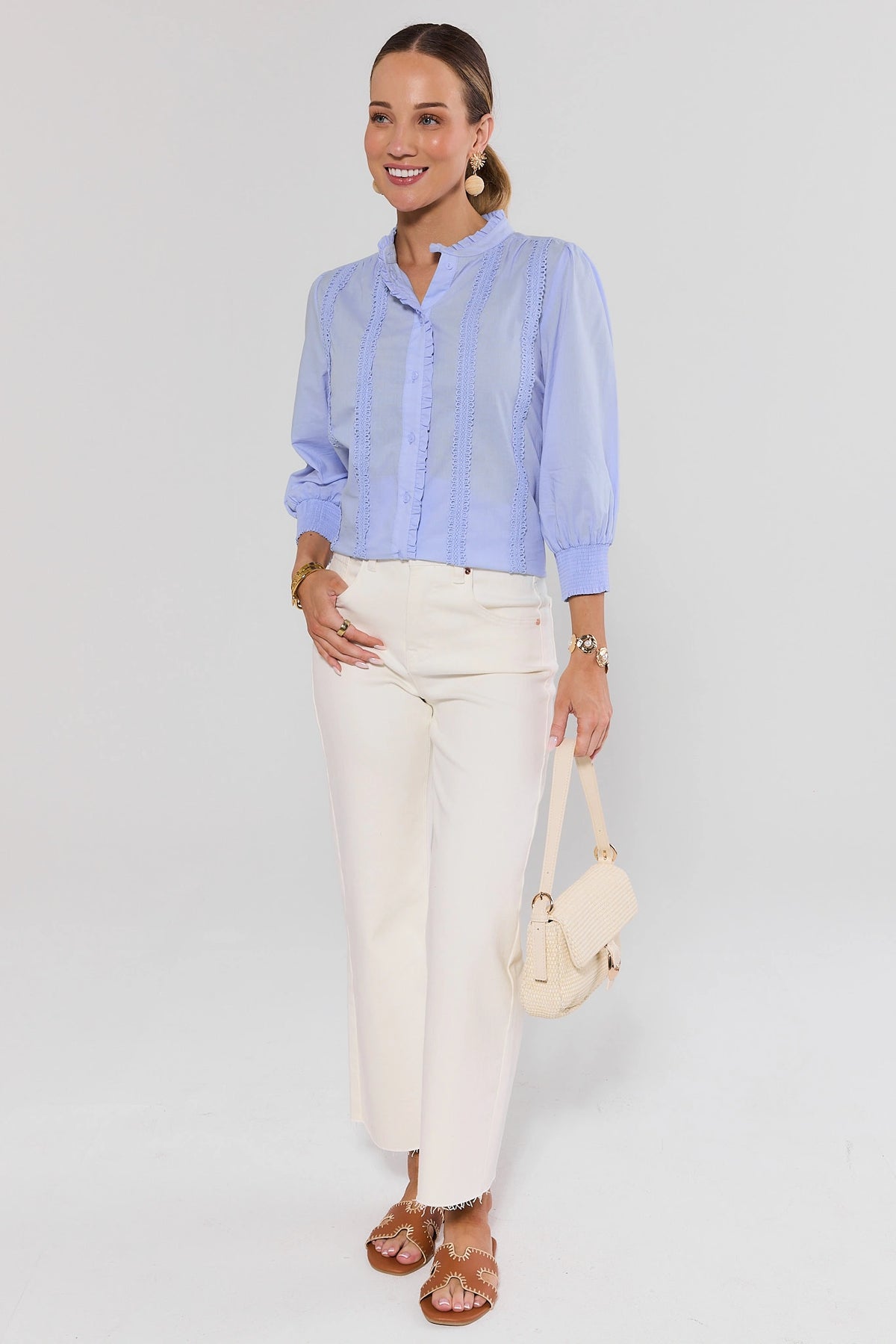 Archer Light Blue Button Up Top styled with cream wide-leg pants and neutral sandals - Full Look | Avara