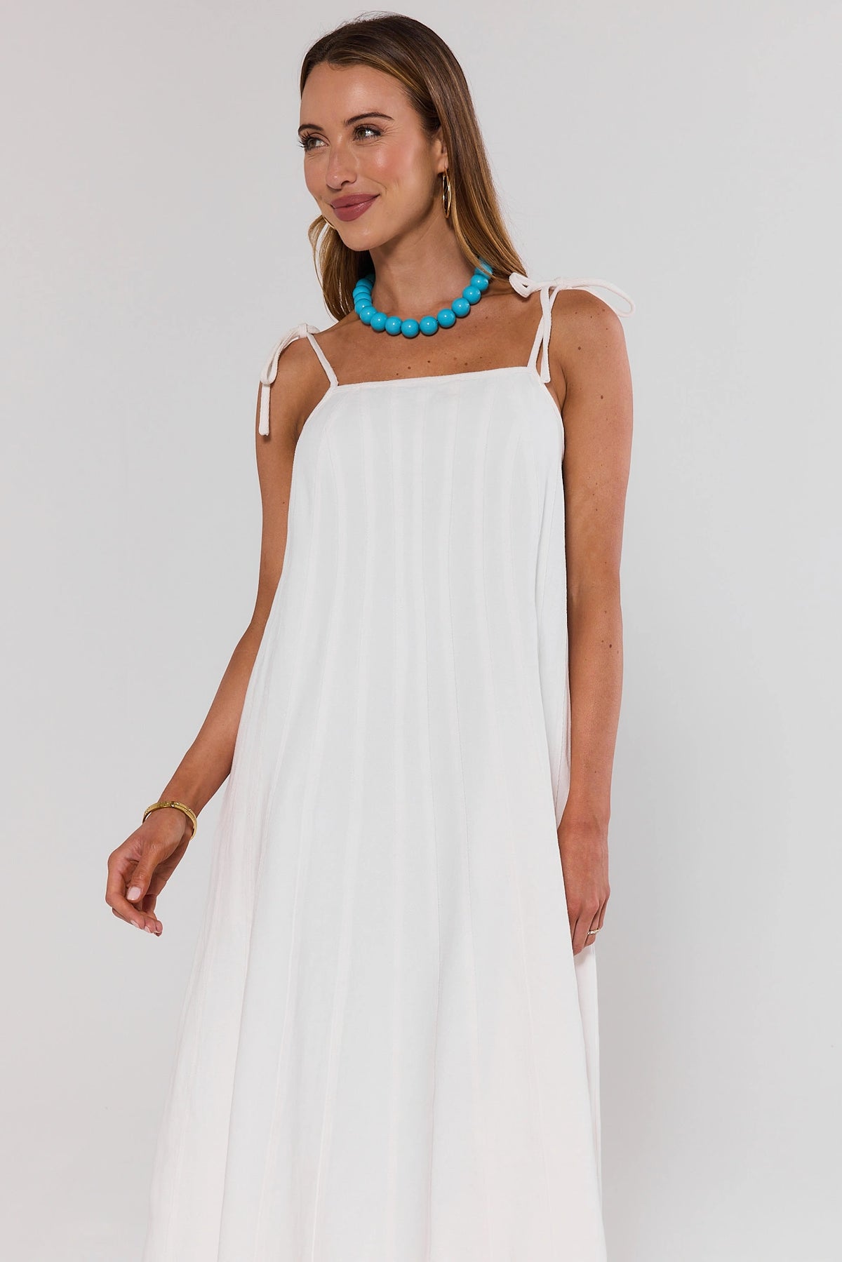 White Denim Tie Midi Dress with square neckline and tie straps - Front View | Avara