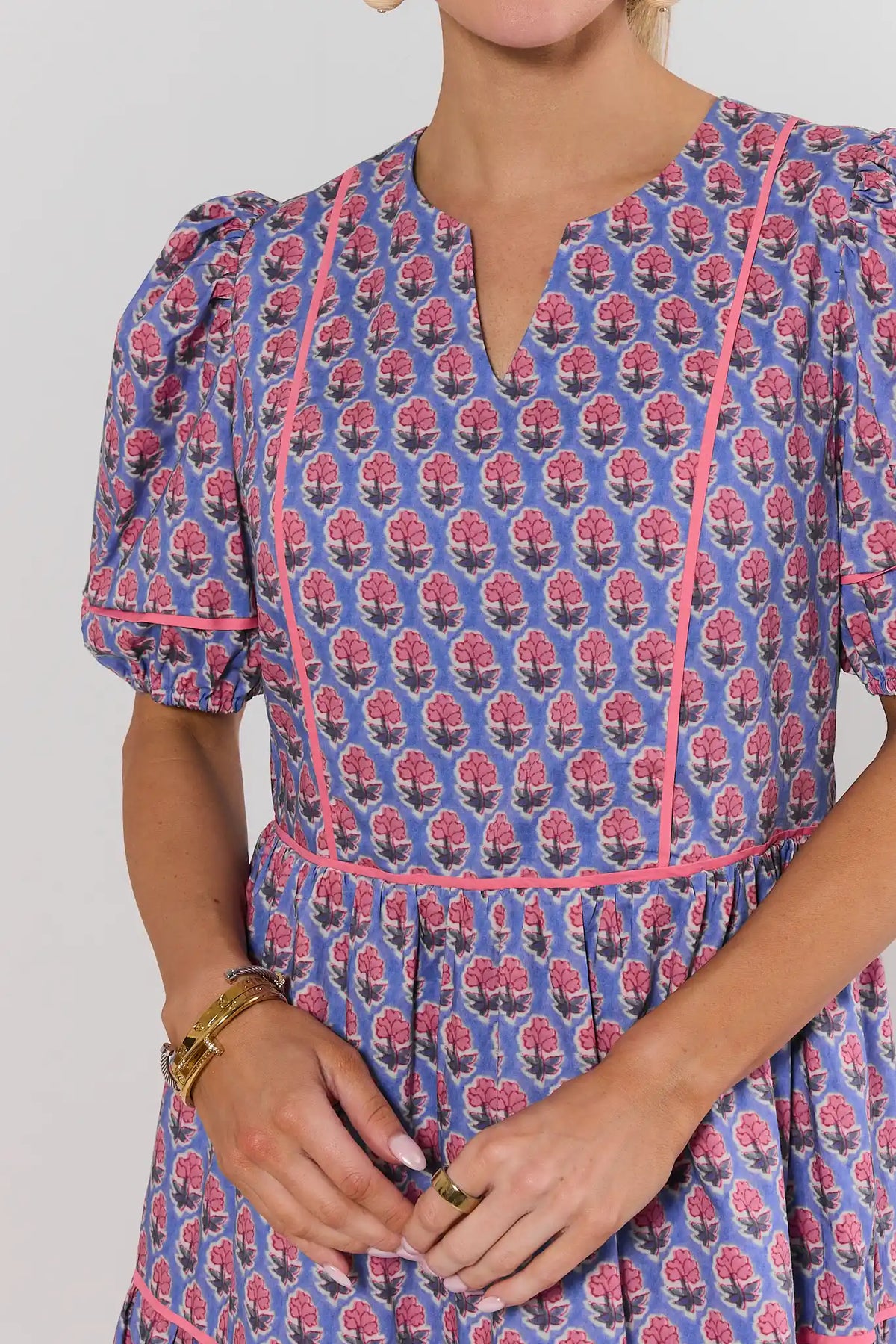 Landry Blue Floral Print Short Dress - Close-Up Bodice & Puff Sleeve Detail | Avara
