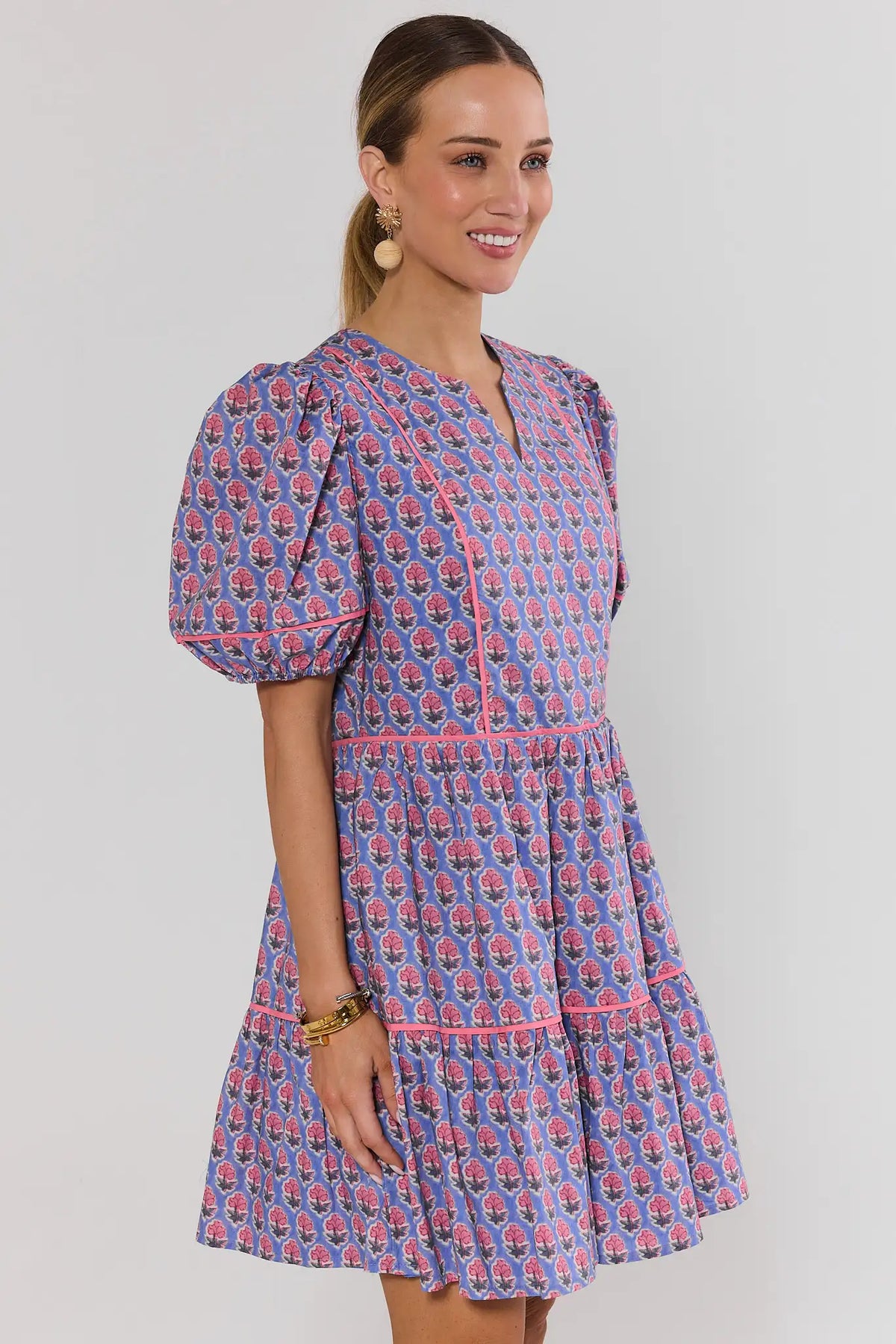 Landry Blue Floral Print Short Dress - Side Profile Tiered Skirt Detail | Avara