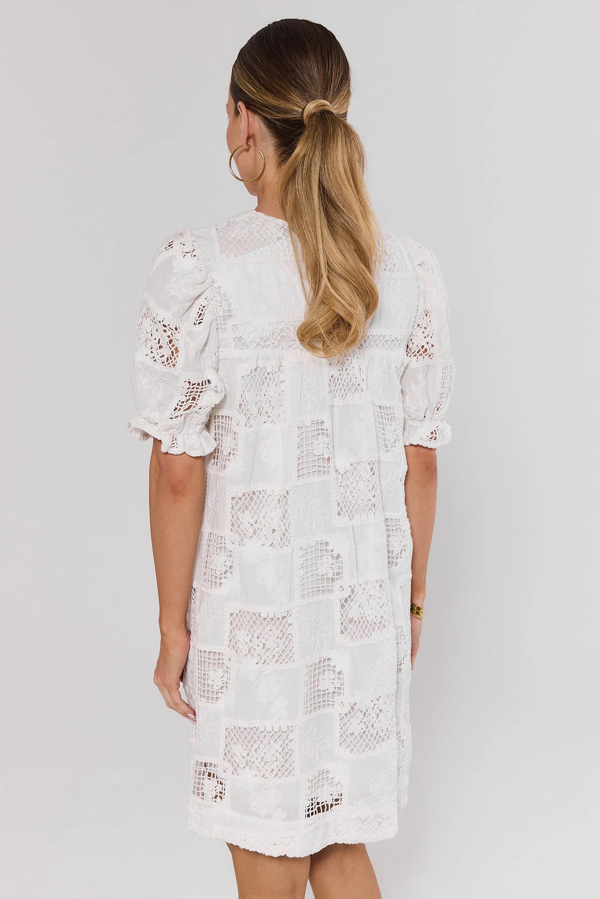 White Eyelet Embroidered Short Dress - Back View, Patchwork Lace & Puff Sleeves | Avara