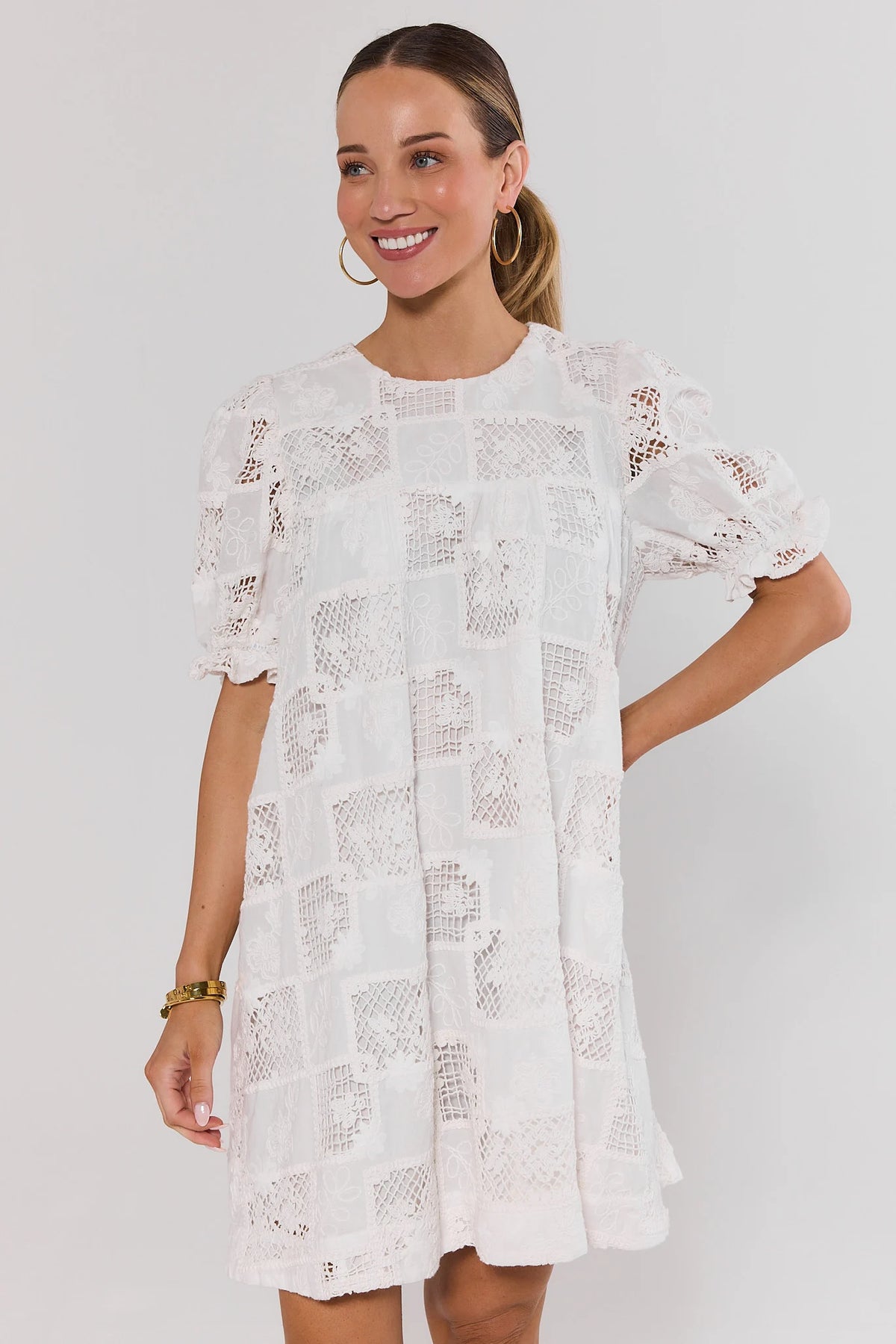 White Eyelet Embroidered Short Dress - Front View, Puff Sleeves & Round Neck | Avara