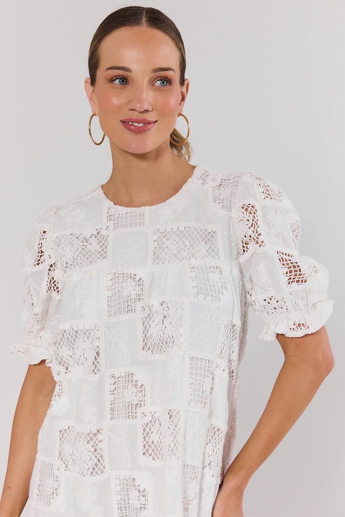 White Eyelet Embroidered Short Dress - Close-Up Detail, Patchwork Lace & Puff Sleeves | Avara