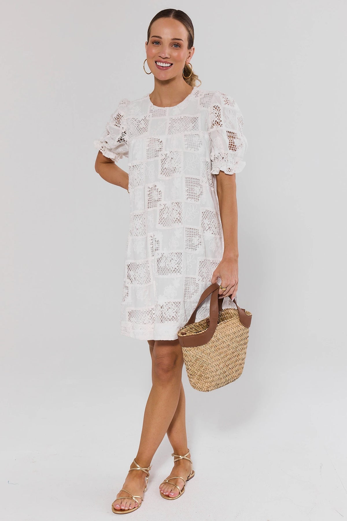 White Eyelet Embroidered Short Dress - Full Length Styled with Straw Bag & Gold Sandals | Avara