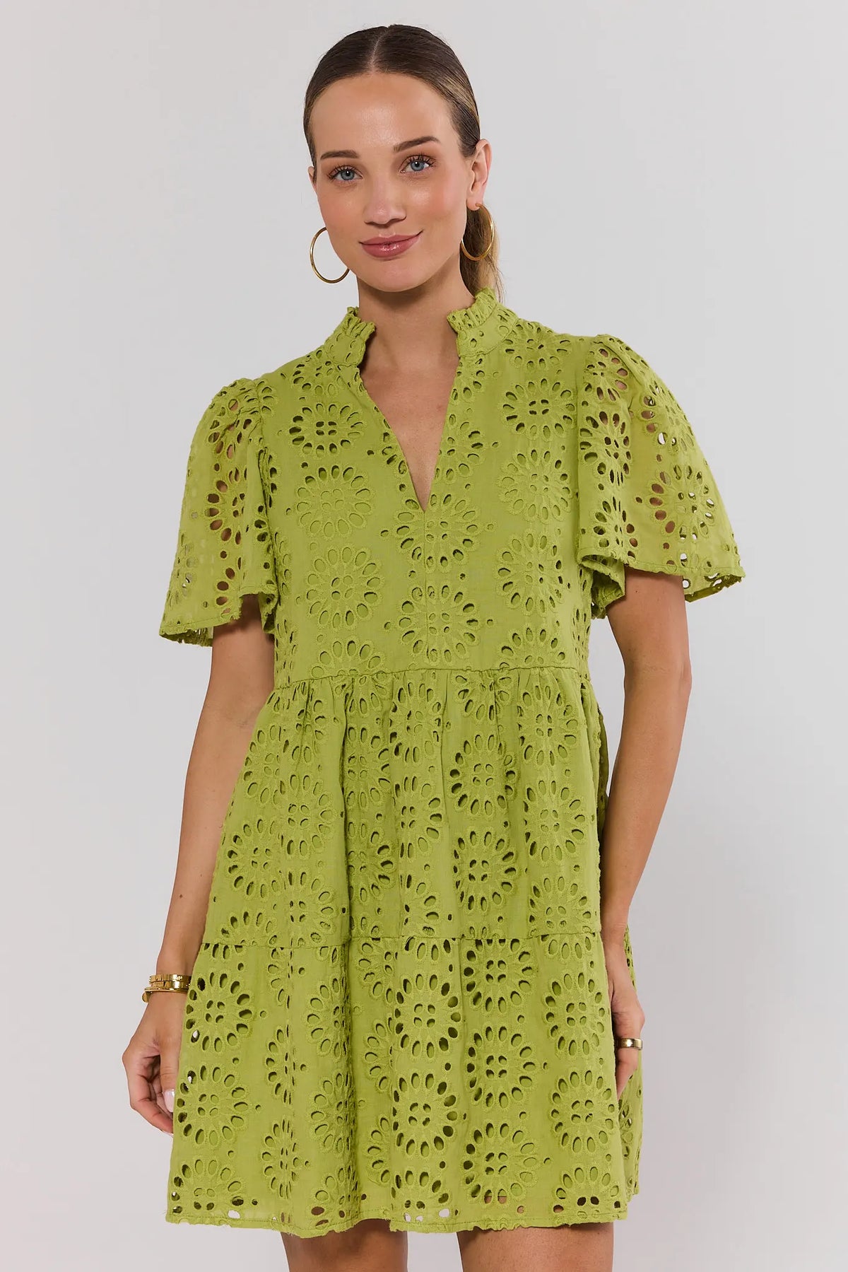 Green Eyelet Embroidered Short Dress - Front View, Tiered Babydoll Silhouette | Avara