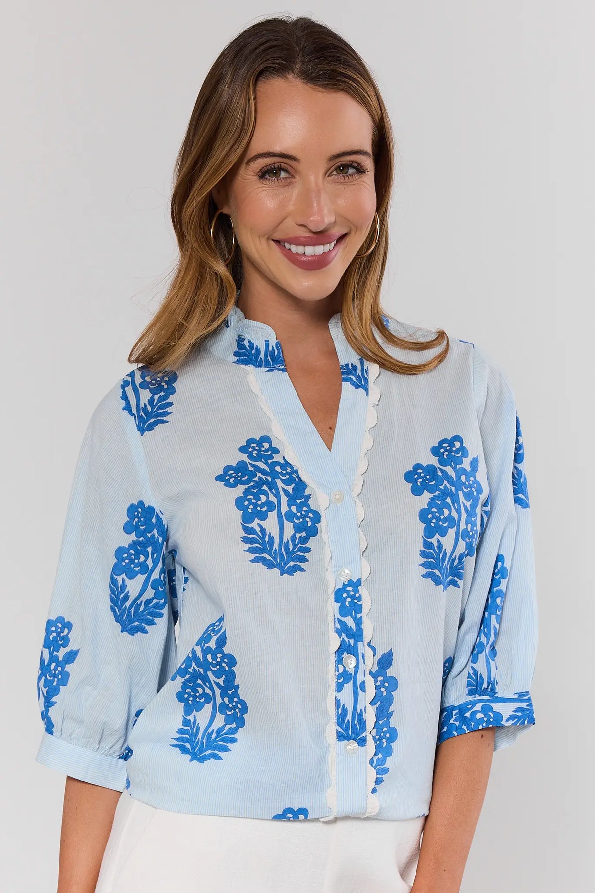 Blue floral print button-up top by THML - Front View, scallop trim & 3/4 sleeves | Avara