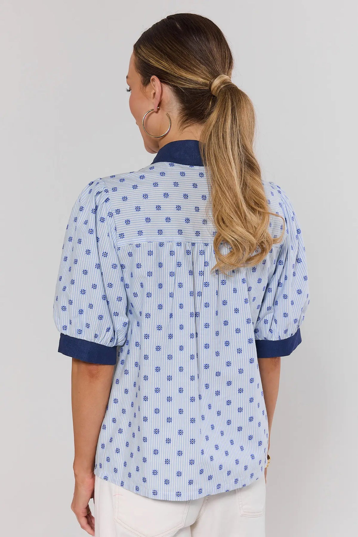 Blue Pinstripe Embroidered Dot Top with puff sleeves and navy cuffs - Back View | Avara