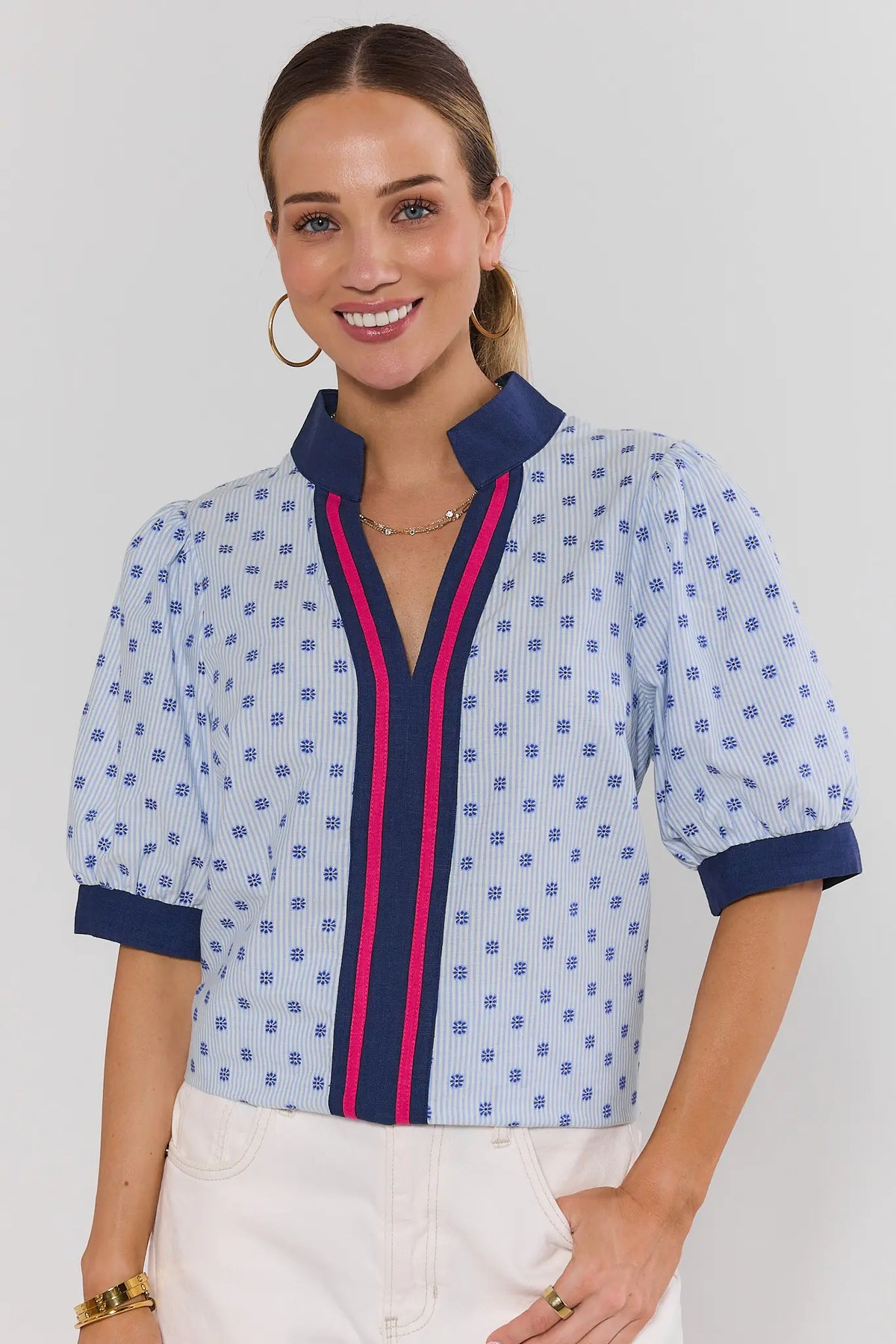 Blue Pinstripe Embroidered Dot Top with navy collar and pink trim accent - Front View | Avara