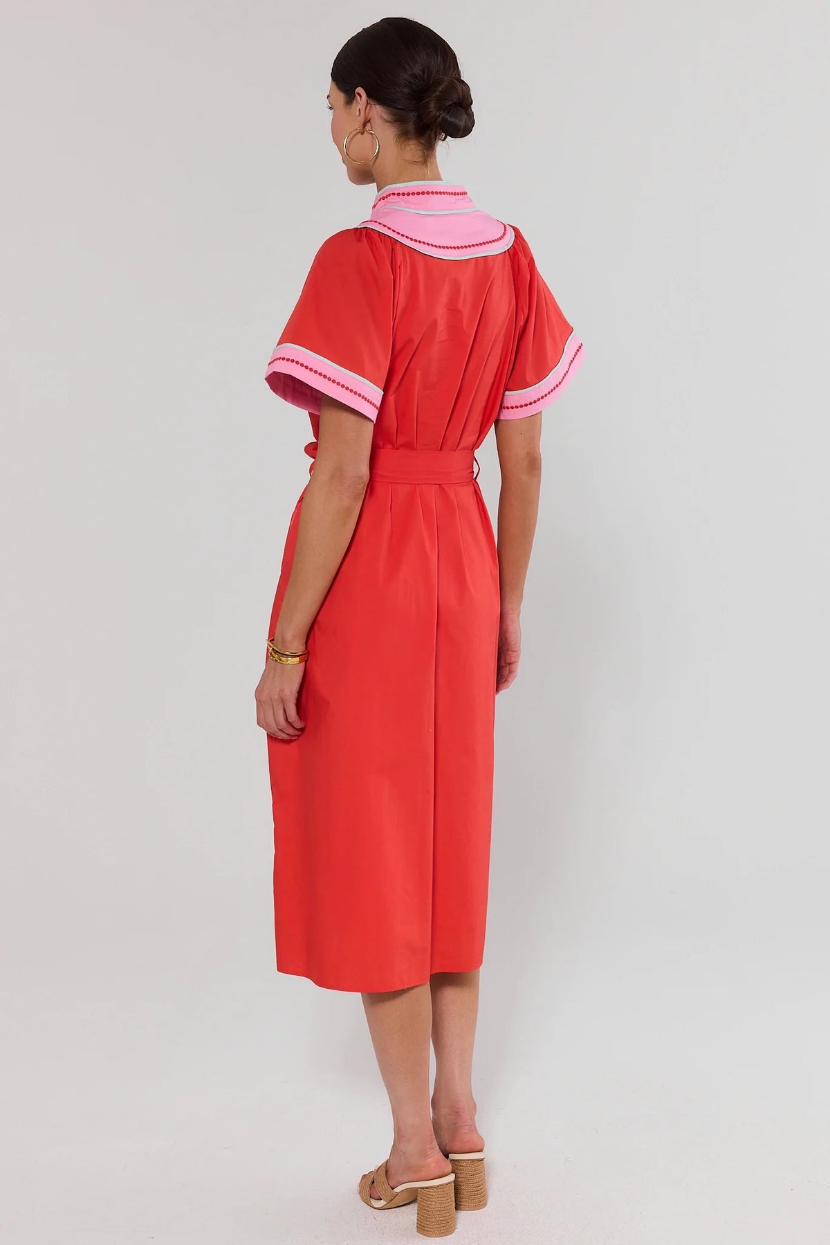 Orange THML Contrast Trim Midi Dress pink collar trim and flowy silhouette - Back View | Avara