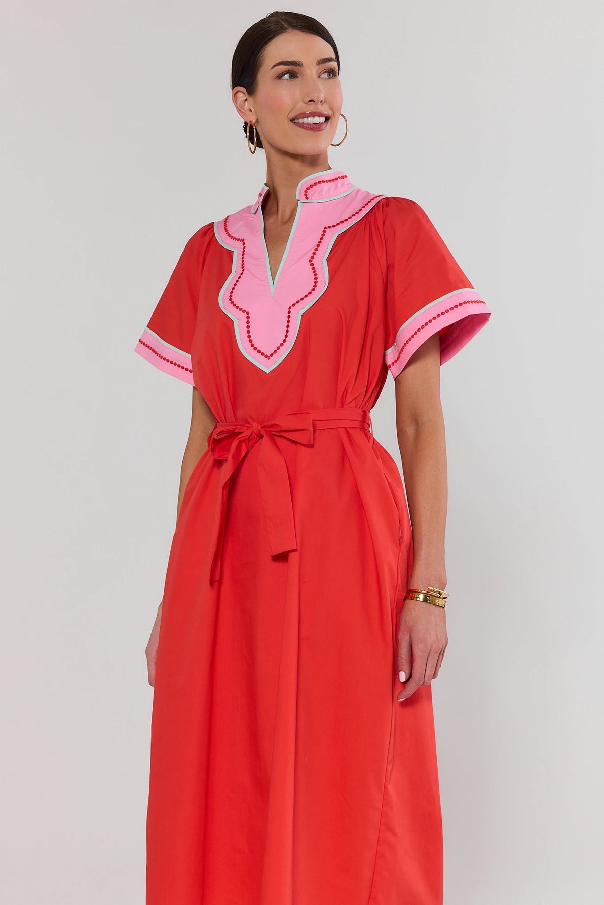 Orange THML Contrast Trim Midi Dress with pink bib neckline and tie waist - Side View | Avara