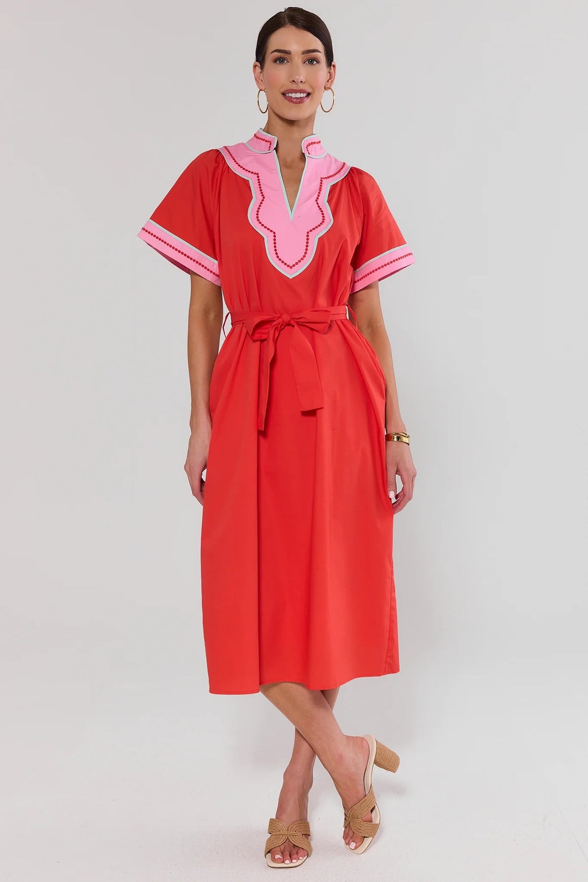 Orange THML Contrast Trim Midi Dress with pink trim and belted waist - Front View | Avara