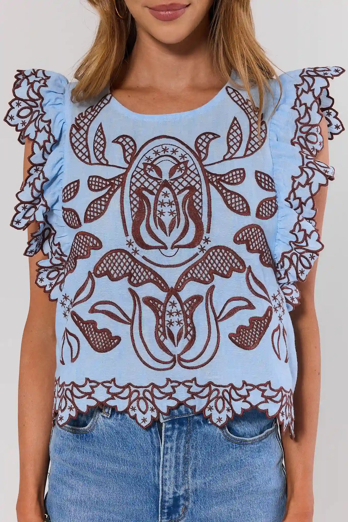 Brayden Blue Embroidered Top by THML - Close-Up Detail, brown cutwork embroidery & ruffle sleeves | Avara