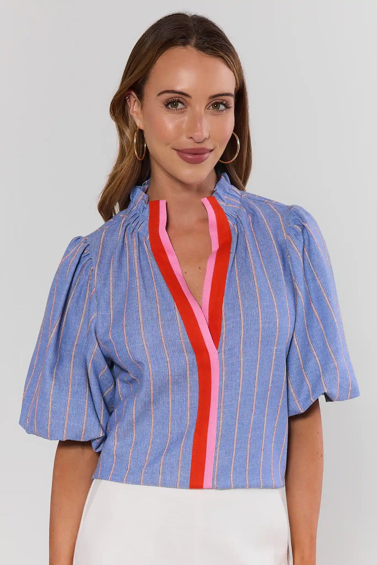 Blue Striped Contrast Trim Top by THML with red and pink V-neckline trim, puff sleeves - Front View | Avara