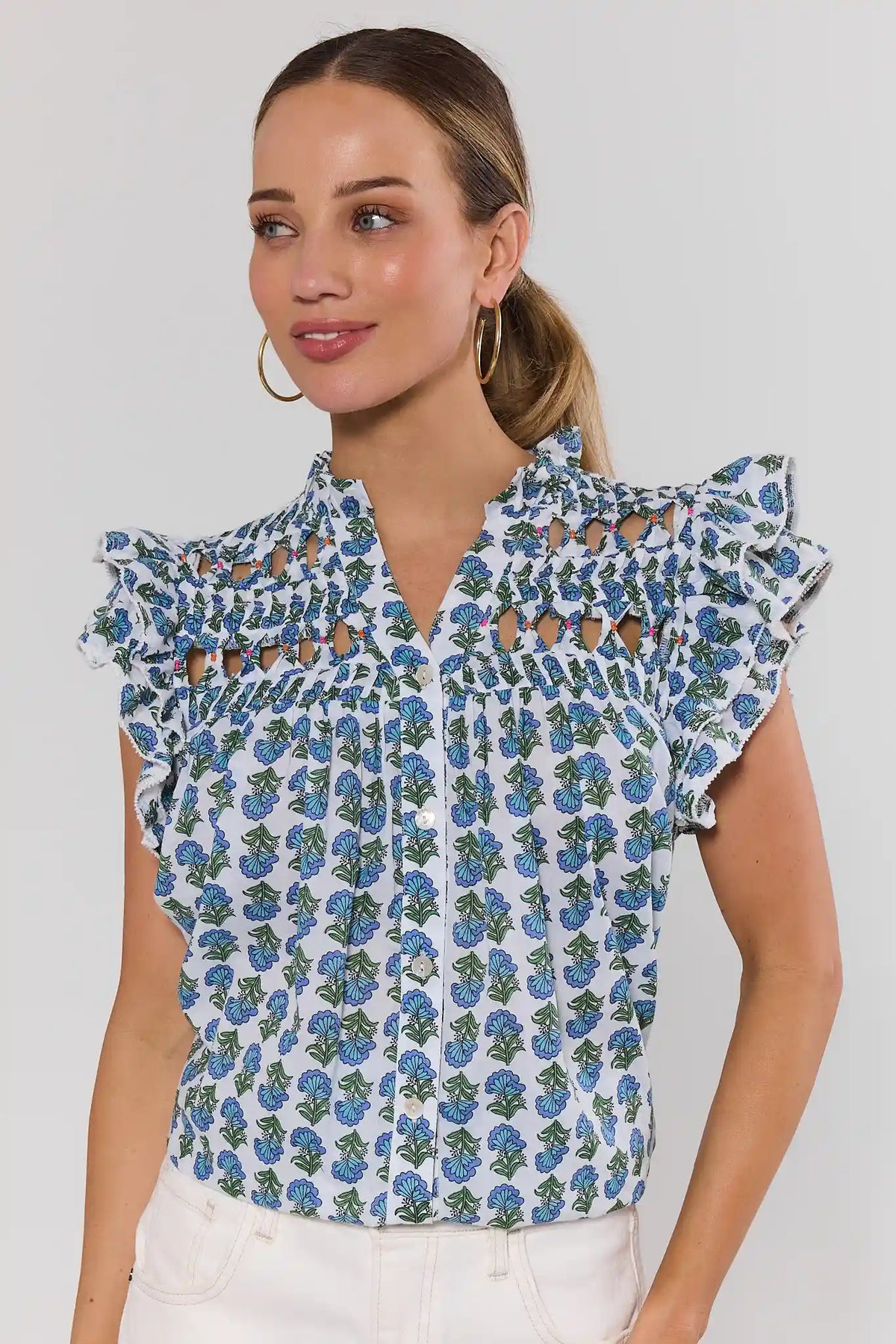 Blue Floral Flutter Sleeve Top by THML - Front View, On Model | Avara