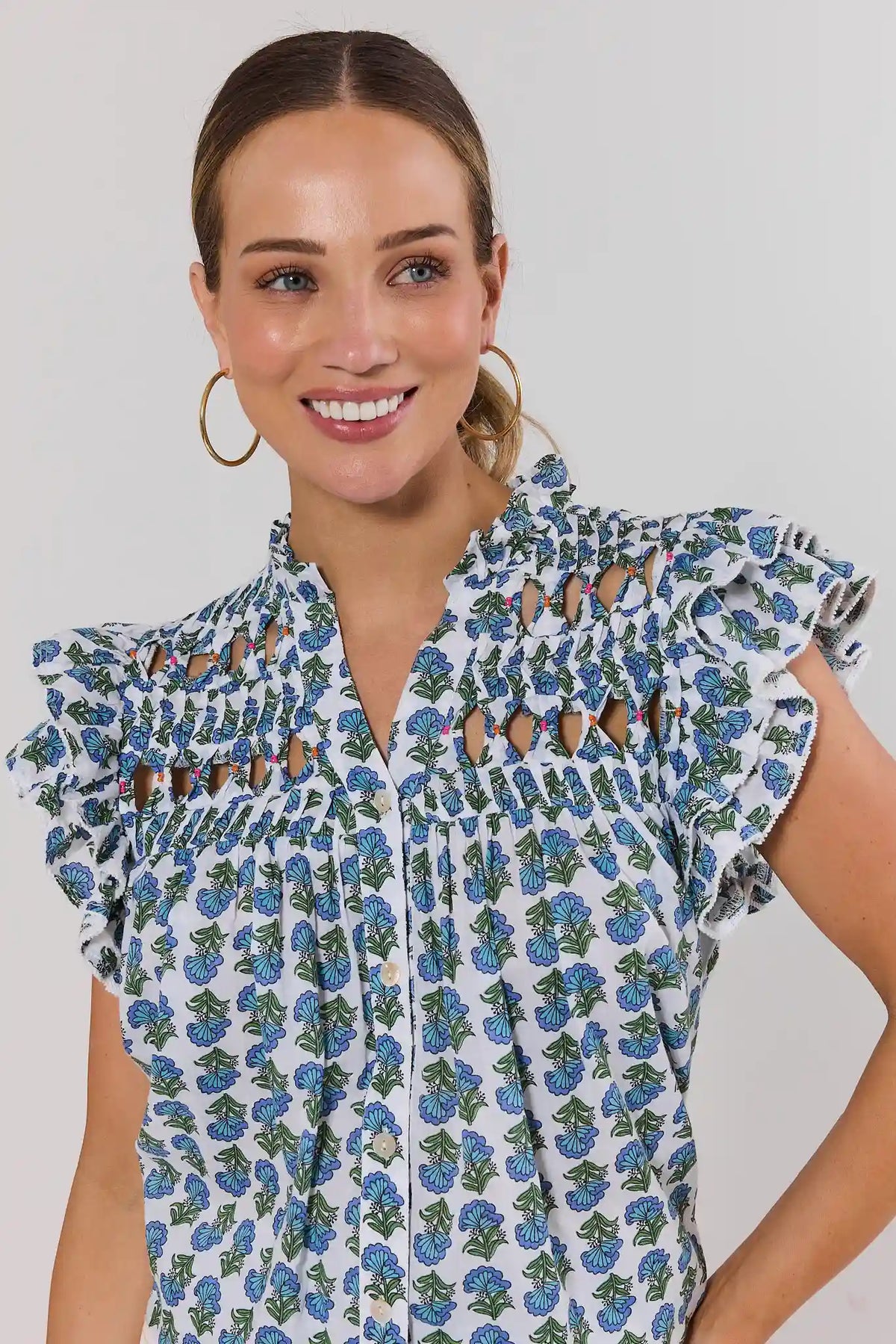 THML Blue Floral Flutter Sleeve Top - Close-Up Smocked Yoke & Ruffle Detail | Avara