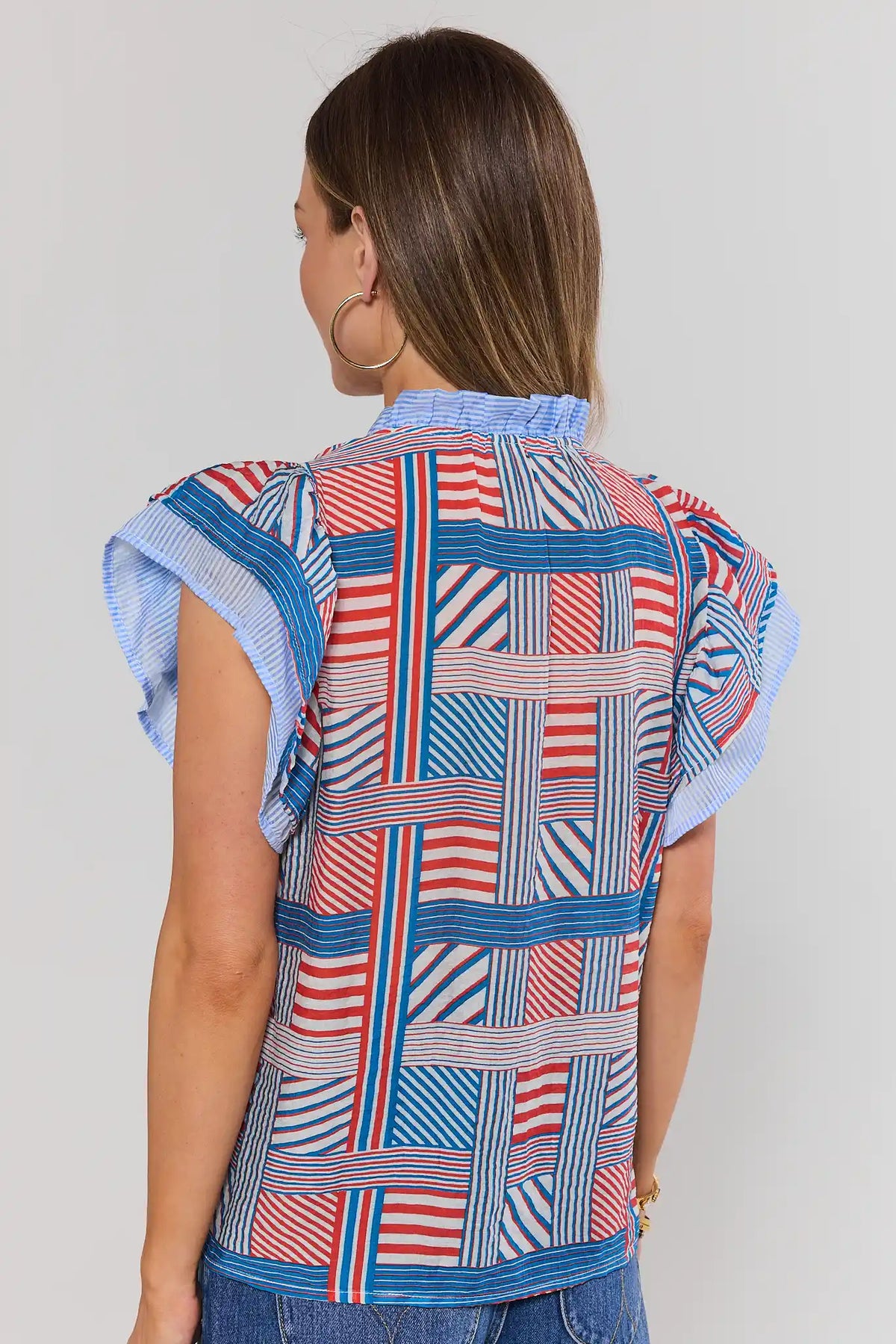 Lisa Patchwork Striped Top by THML - Back view showing ruffle sleeves and allover stripe print | Avara