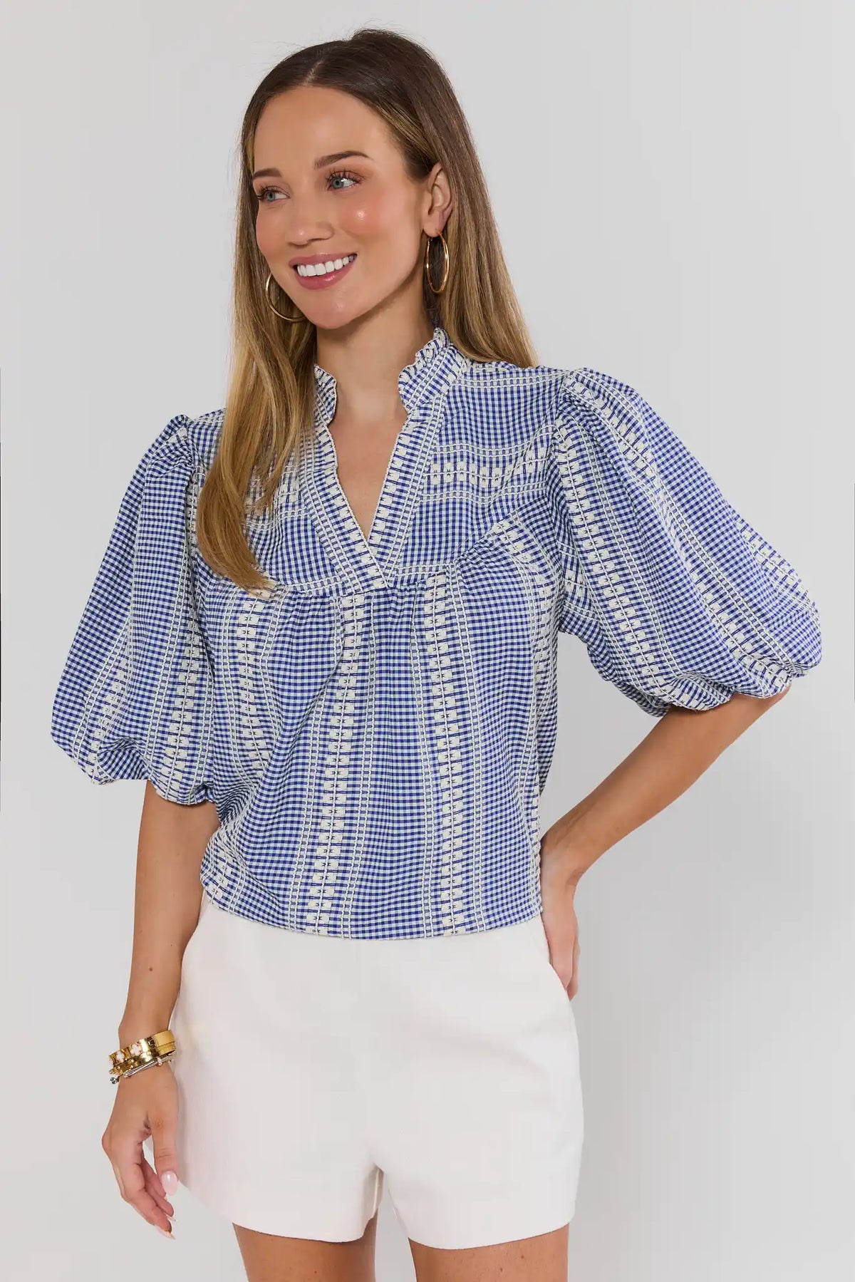 Winnie Blue Gingham Embroidered Top by THML - Front View, Puff Sleeves with White Shorts | Avara